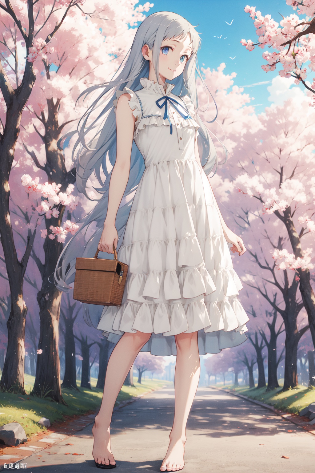 <lora:Menma-000015:0.9>,Menma CYQL,1girl,looking at viewer,solo,long hair,grey hair,blue eyes,smile,dress,ribbon,sleeveless,sleeveless dress,white dress,barefoot,full body,standing,frills,profile,Cherry trees, Blossoms, Park, Spring, Colors, Beauty, Serenity, Tranquility,(Orchid display, Tropical plants, Succulents, Humid air, Glass ceiling, Controlled lighting:0.5),beautiful detailed sky,beautiful detailed glow,posing in front of a colorful and dynamic background,masterpiece,best quality,beautiful and aesthetic,contrapposto,female focus,wallpaper,
