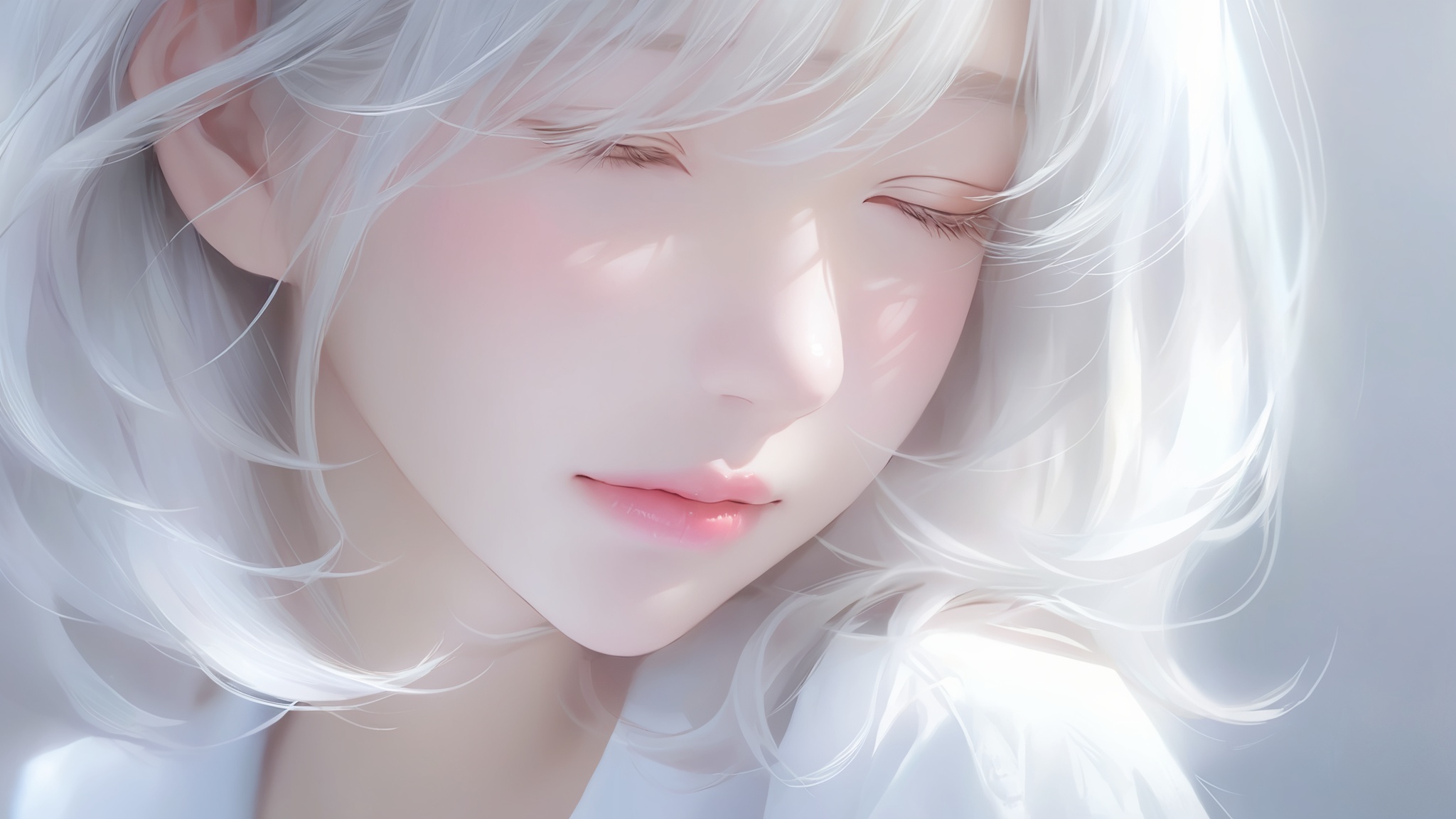1girl, lips, realistic, solo,Silver white hair, white shirt, slightly rosy face,Slightly open your eyes