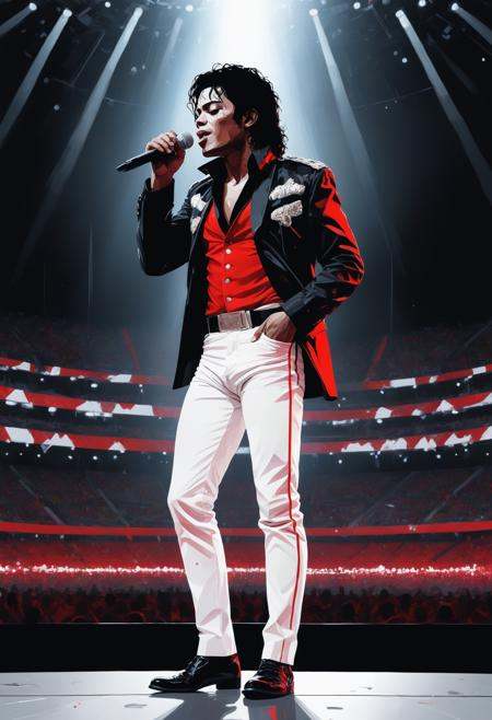 Michael Jackson singing at a standing microphone on a super-wide stage in a really big arena, by conrad roset, greg rutkowski, makoto shinkai, low poly, abstract, style of black and white drawing with red pops of color