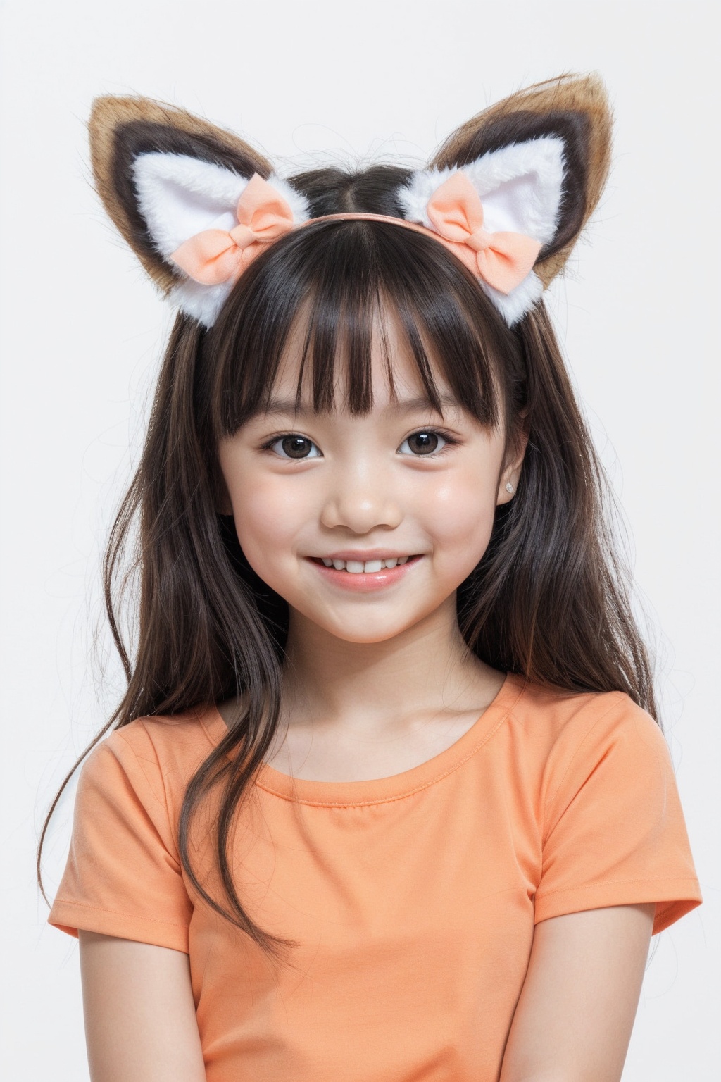 1girl,5 years old,asians,solo,child,(only),white t-shirt,fox ears,cute,big eyes,sweet smile,peach color background,super details,audience smiling,realistic,4K,photo by ren hang,