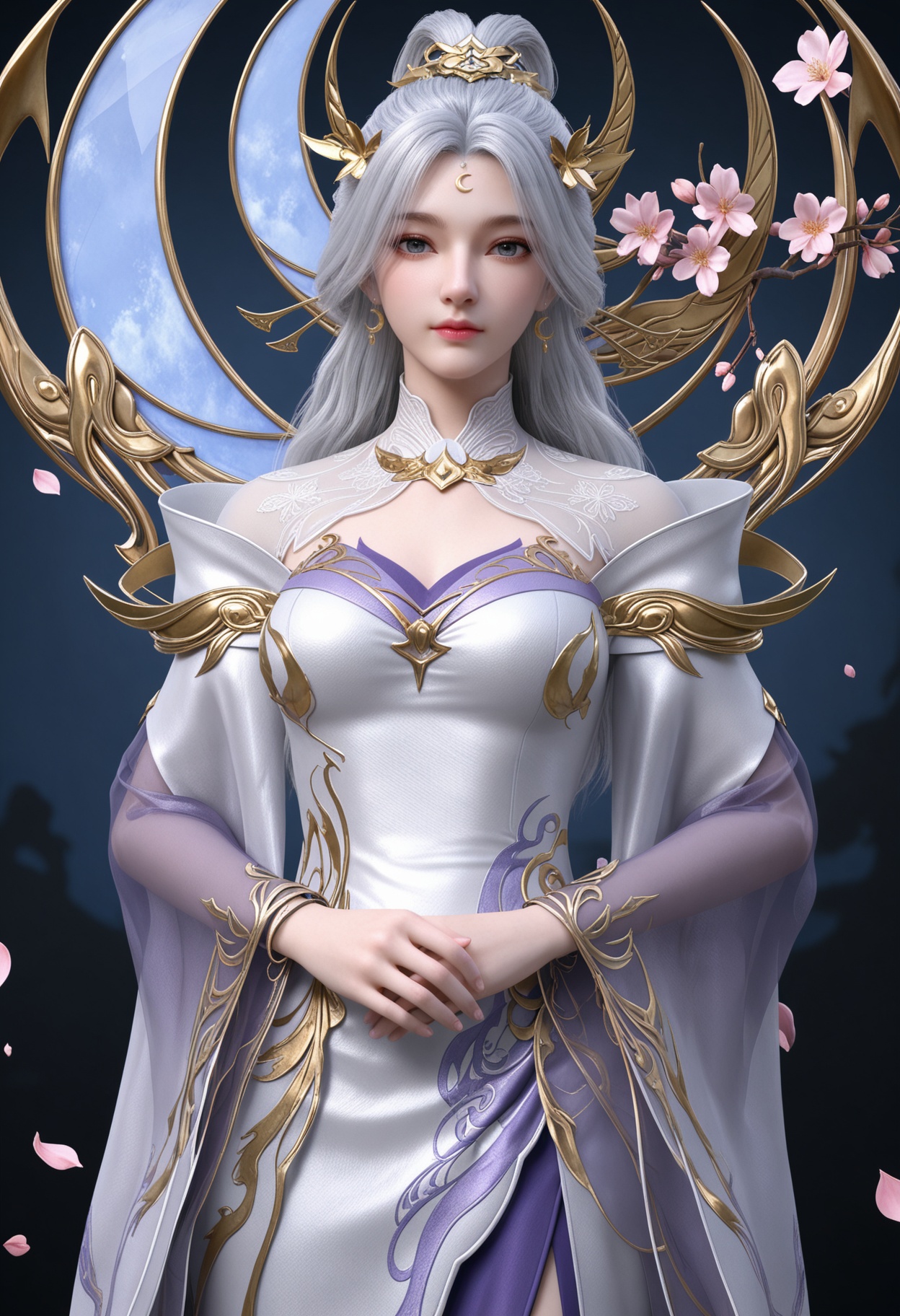 (upper_body:1.2),(looking at viewer:1.1),masterpiece,(best quality),smog,Dark room,dim lighting,peach blossom,falling petals,<lora:YQ_Illustrious光辉v5_月神_仙武传_V1:0.8>,q1528437228,1girl,solo,long hair,hair ornament,jewelry,white hair,forehead mark,earrings,dress,white dress,blue eyes,grey hair,crescent earrings,long sleeves,grey eyes,high heels,white footwear,hair bun,flower,wide sleeves,pantyhose,shoes,bracelet,side slit,