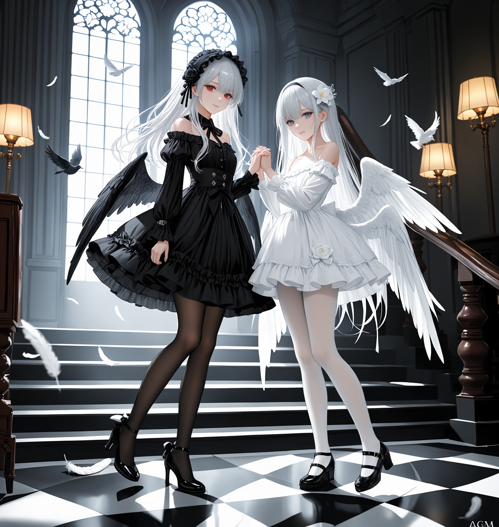 multiple girls, 2girls, dress, black dress, blue eyes, long hair, red eyes, black vs white, white dress, feathers, pantyhose, lolita fashion, checkered floor, holding hands, hair flower, high heels, white flower, flower, hair ornament, looking at viewer, frills, interlocked fingers, hairband, frilled dress, black footwear, very long hair, white gloves, wings, feathered wings, low wings, white hair, gloves, closed mouth, gothic lolita, grey hair, blue eyes, long sleeves, jewelry, shoes, off-shoulder dress, bird, white pantyhose,tassel, floating,stairs,loli,mary janes, cinematic lighting, contour deepening, high-key and low-variance brightness scale, soft light, depth of field,(hiten \(hitenkei\):0.4),(rimuu:0.5),(mignon:0.5),(sheya:0.6),(jima:0.8),iumu,yunsang,ningen_mame,omone_hokoma_agm, official art,depth of field,best quality,amazing quality,very aesthetic,absurdres,best quality,masterpiece,ultra detailed, newest,8K,HDR,masterpiece,best quality,newest,absurdres,highres,very awa,