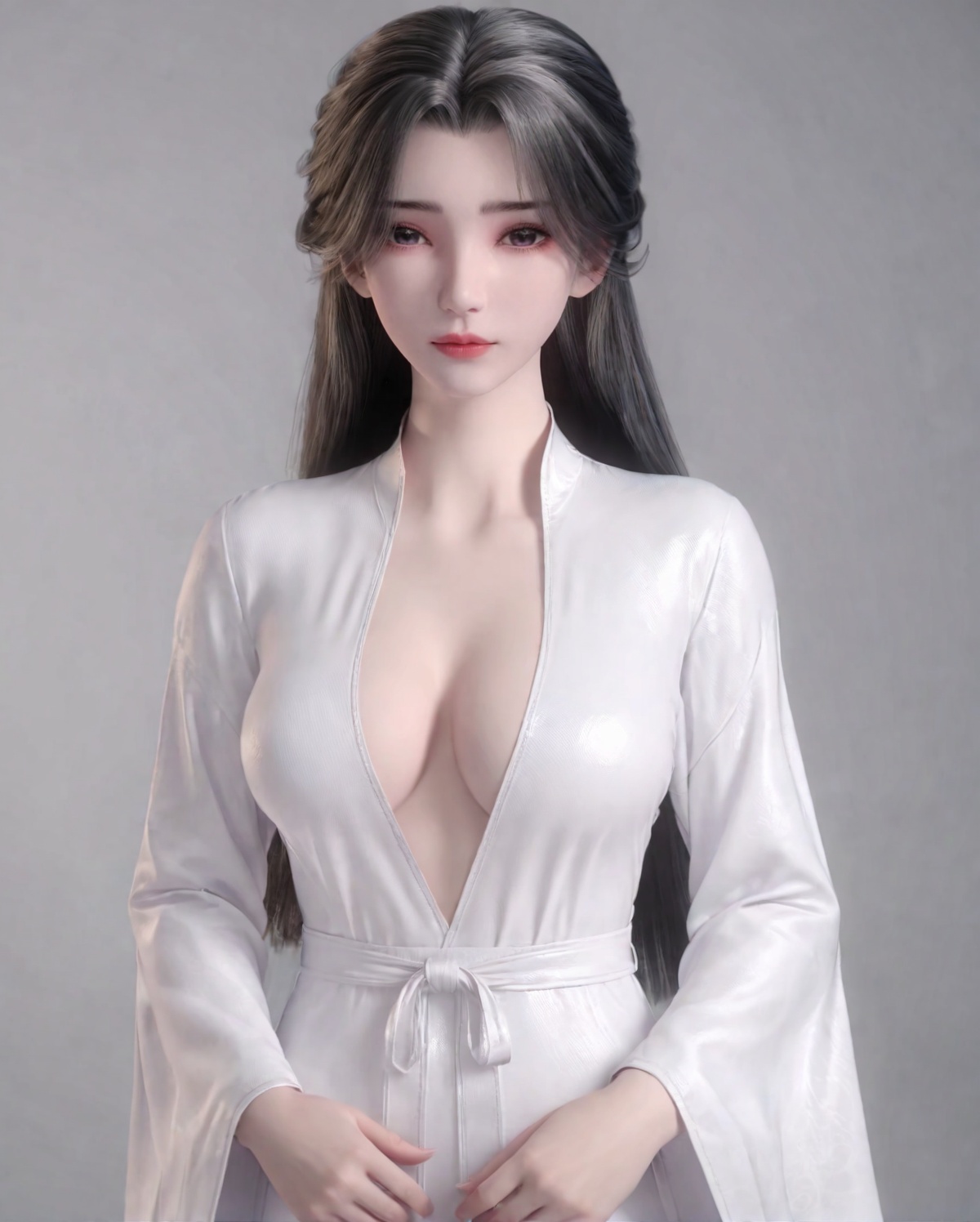 <lora:SF_LiMuWanWhite_Pony_Realism-000003:0.7>,long hair,white clothes,1girl,large breasts,standing,wide sleeves,solo,looking at viewer,simple background,portrait,