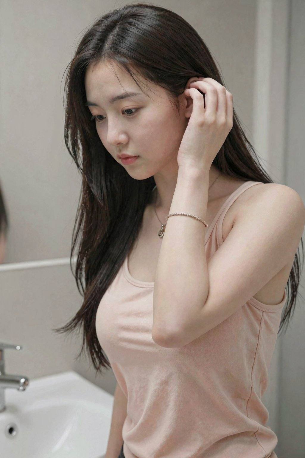 A young Asian woman, estimated age range 20-25 years, stands close to a bathroom sink. Her long, black hair cascades over her shoulders and part of her arm as she gently touches her hair with her right hand. The woman's skin is fair, smooth, and gently illuminated, her facial expression a mix of contemplation and a slight vulnerability. She wears a simple, light peach-colored **** top that drapes loosely. Her eyes are large and dark, framed by delicate eyebrows. She has a small, delicate necklace with a pendant and a matching bracelet on her wrist. The background features a clean, white sink with a chrome faucet. The bathroom walls are a light grey color, offering a neutral backdrop. The lighting is soft and diffused, creating a serene and introspective mood. The composition is a medium shot, with a shallow depth of field, bringing the woman's face and upper body into focus. The overall atmosphere conveys a sense of quiet morning routine or personal reflection. Soft, natural lighting bathes the scene. The image evokes a feeling of gentle intimacy and peace. The image style is realistic, potentially inspired by fashion photography or portraiture.