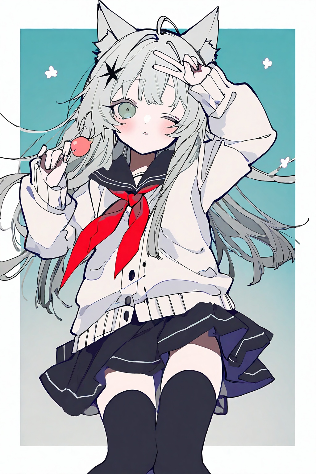 1girl,solo,petite,loli,(rosmontis_(arknights):1.4),thighhighs,skirt,black thighhighs,one eye closed,neckerchief,red neckerchief,long hair,pleated skirt,long sleeves,sailor collar,black skirt,cardigan,black sailor collar,ahoge,feet out of frame,school uniform,blush,looking at viewer,v,white cardigan,serafuku,parted lips,buttons,arm up,miniskirt,food,border,hair ornament,cute,very awa,<lora:Mochi_style-000085:0.8>,