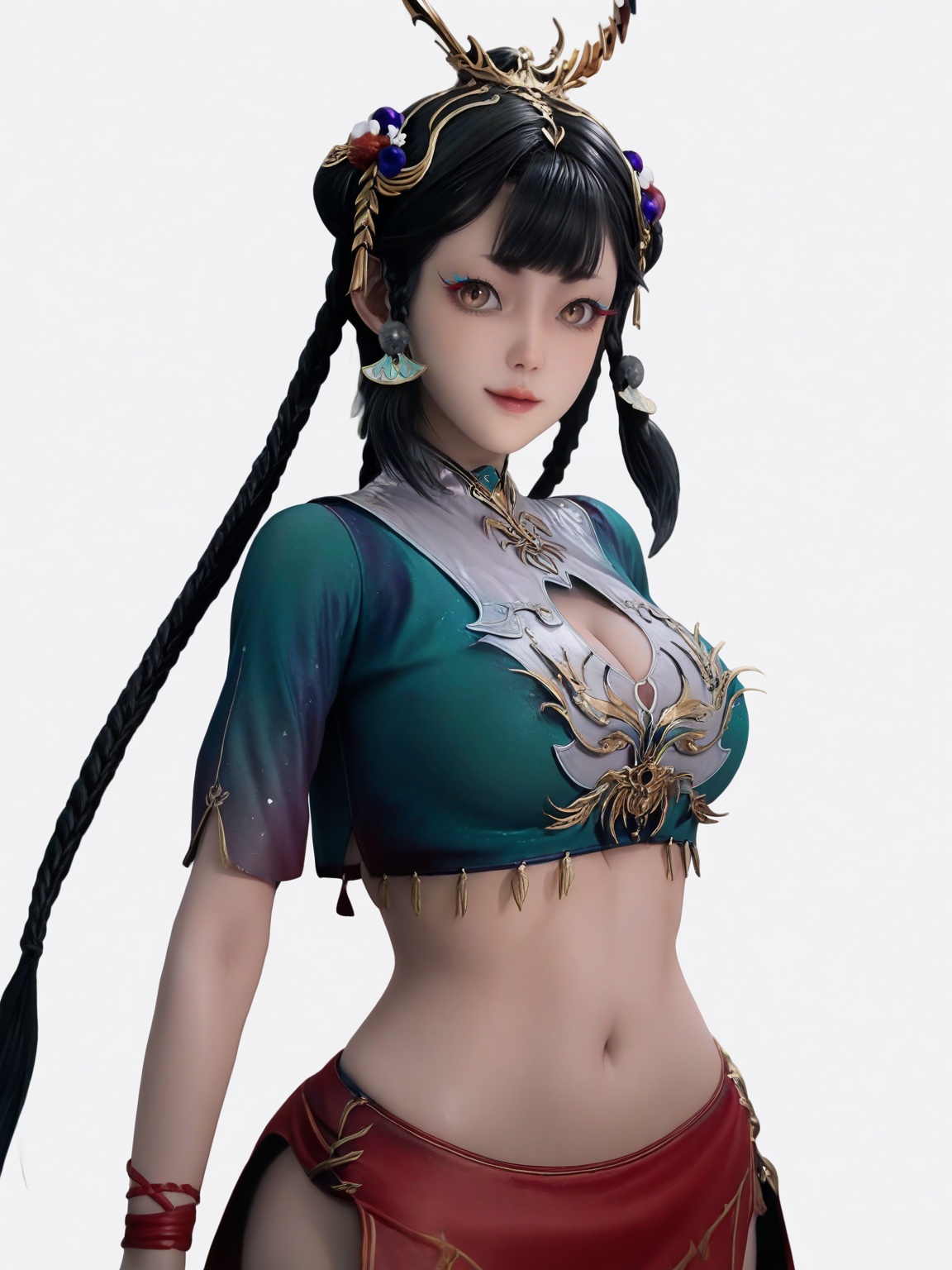 score_9,<lora:SF_XianQingEr_Pony_Realism2.3-000004:0.7>,1girl,solo,hair ornament,large breasts,black hair,bangs,braid,crop top,standing,looking at viewer,white background,simple background,