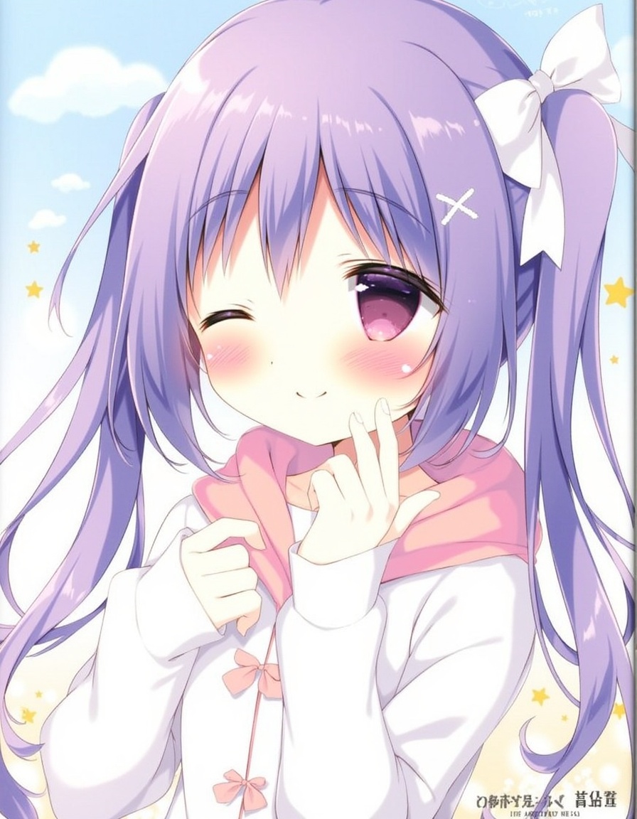 shiratama_(shiratamaco), absurdres, highres, non-web_source, scan, 1girl, ;), ahoge, artist_name, blush, bow, character_name, closed_mouth, hair_between_eyes, hair_bow, hair_ornament, hand_up, hood, hood_down, index_finger_raised, long_hair, long_sleeves, one_eye_closed, page_number, puffy_sleeves, purple_eyes, purple_hair, red_eyes, shirt, sky, sleeves_past_wrists, smile, solo, star_(symbol), twintails, two_side_up, upper_body, very_long_hair, white_bow, white_shirt, x_hair_ornament, neri_(hoshishiro), comiket_103, hoshizora_tetsudou_to_shiro_no_tabi, year_2024,, <lora:flux-Shiratamaco-000008:1>