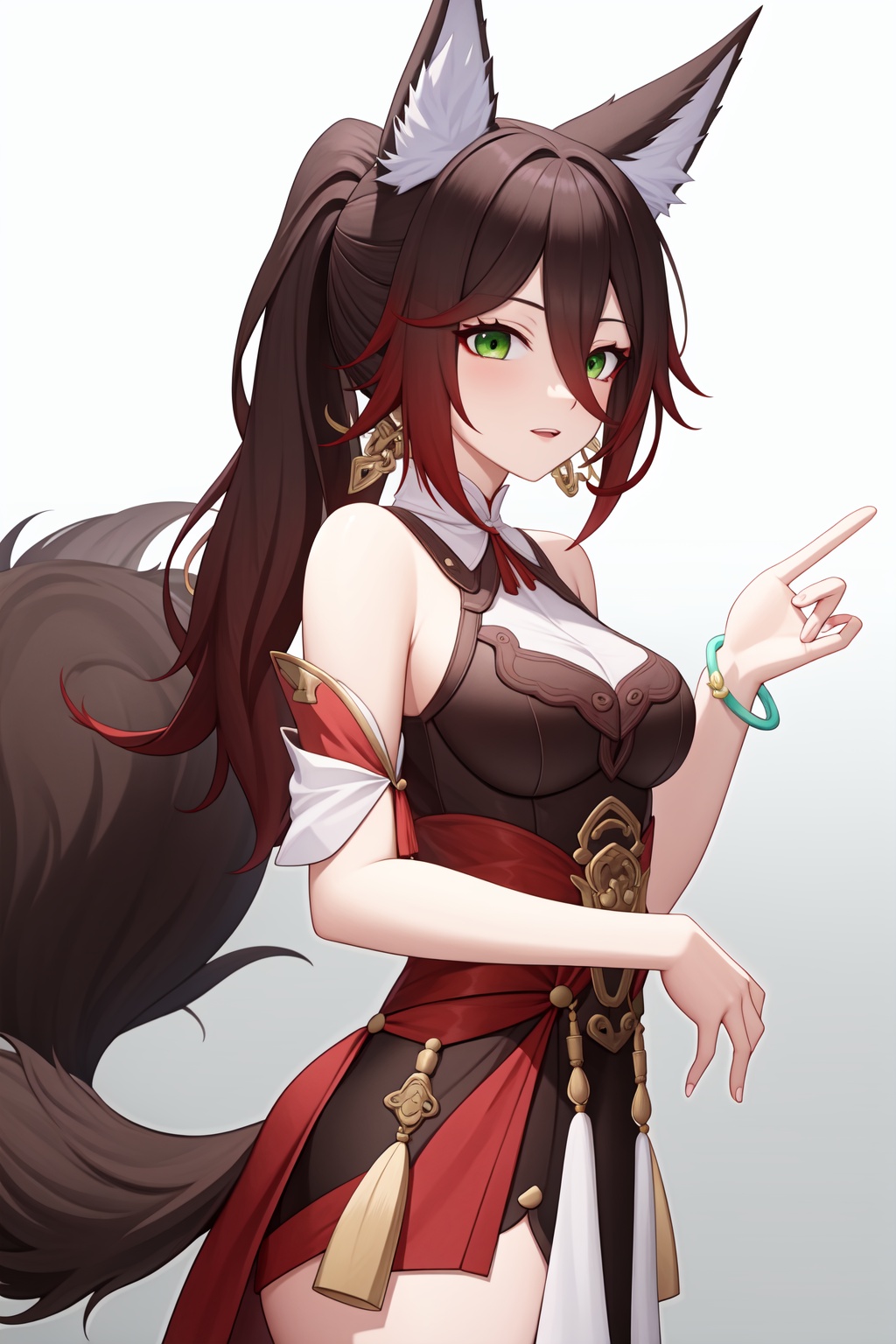 <lora:停云:1:lbw=char>,tingyun,animal ears,green eyes,breasts,brown hair,tail,hair between eyes,fox ears,jewelry,animal ear fluff,ponytail,long hair,fox tail,bracelet,, 1girl,,  (masterpiece,best quality:1.2),absurdres