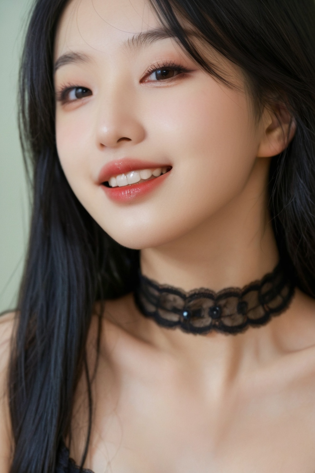 (film grain:1.3),details skin,real skin,best quality,masterpiece,realistic,leogirl,oriental women,cute 1girl,messy long black hair,lip biting,seductive leaning forward,detailed skin,detailed face,photorealistic,(studio light:1.2),evil smile,choker,lace-trimmed skirt,