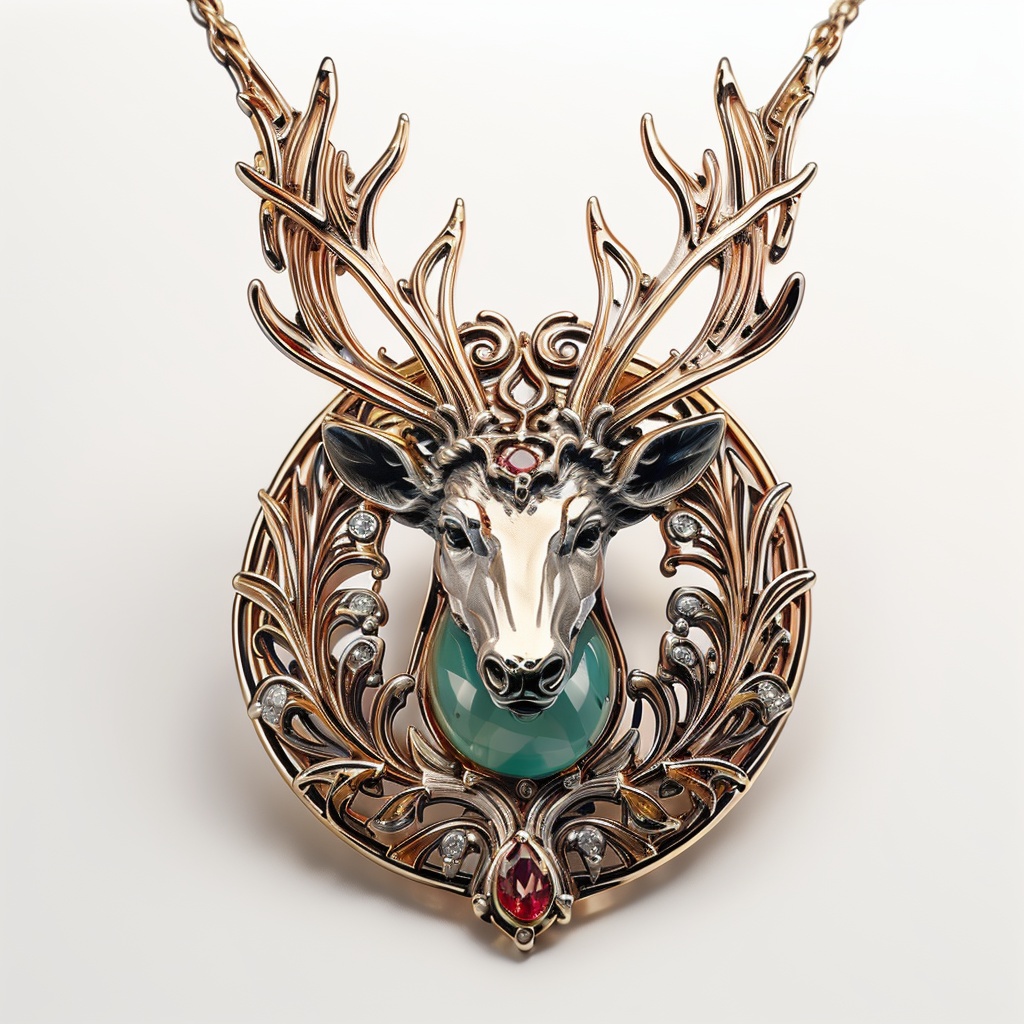 Chinese deer head shape,necklace,(jewelry Diamond ),UHD,8K,best quality,4K,UHD,masterpiece,aiguillette,((white background)),red  Emerald gemstones,(gold:1.5),shining,ruby,Luxury,<lora:hjyzb-000013:0.8>,gemstone,(minimalist:1.2),(((slender))),jade,