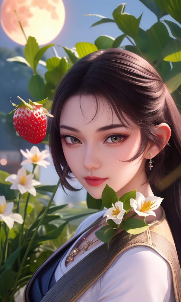 (,1girl, ,best quality, ),looking at viewer, <lora:377-DA-斗罗大陆-木槿:0.8> ,ultra detailed background,ultra detailed background,ultra realistic 8k cg, , ,masterpiece, (( , )),, ultra realistic 8k cg, ,tamari \(flawless\),     ,lily \(flower\) ,full moon ,strawberry blossoms      (()), (),