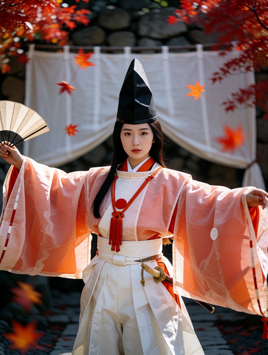 shirabyoshi,  This is a cinematic,  photorealistic portrait of a beautiful young Japanese woman dressed in traditional *Sh...