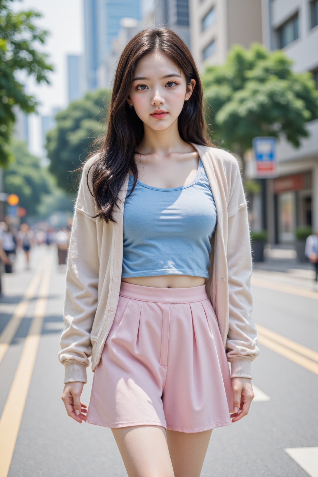 The image is a high-resolution photograph taken in an urban setting, likely a city street. The main subject is a young Asian woman with long dark black hair, walking confidently down the sidewalk. She is wearing a trendy spring outfit: a light cardigan with a blue T-shirt, paired with a high-waisted pink pleated short skirt that reaches her ankles. Her makeup is subtle yet polished, with a focus on her lips, which are painted a soft pink, looking at viewer, In the background, The background features buildings and trees, cityscape, The street is paved with grey concrete, and there are visible pedestrian crosswalks. The overall mood of the image is modern and casual, with a focus on everyday city life.