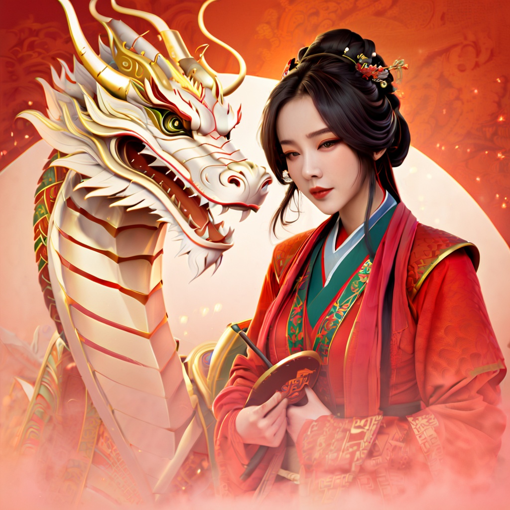 gufengstyle,Masterpiece, best quality, 4k, Chinese New Year, red background, festive atmosphere, Chinese girl illustration, dragon illustration, detailed character design,Lucky Dragon Boy Digital Painting, Using Global Illumination Style<lora:gufengstyleSDXL-000016:1>