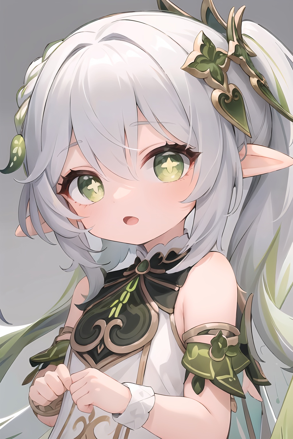 (masterpiece, best quality:1.2),insanely detailed,absurdres,ultra-highres,ultra-detailed,best quality,slender,kawaii,perfect symmetrical face,ultra cute girl,ultra cute face,ultra detailed eyes,ultra cute,ultra beautifu,toeless legwear,nahida \(genshin impact\),1girl,solo,loli,symbol-shaped pupils,1girl,solo,loli,white dress,bare shoulders,side ponytail,hair ornament,jewelry,bracelet,detached sleeves,sleeveless dress,bloomers,bare legs,toeless legwear,short socks,<lora:nahida-000008:1>,+_+,eye focus,close-up face,open mouth,symbol-shaped pupils,upper body,