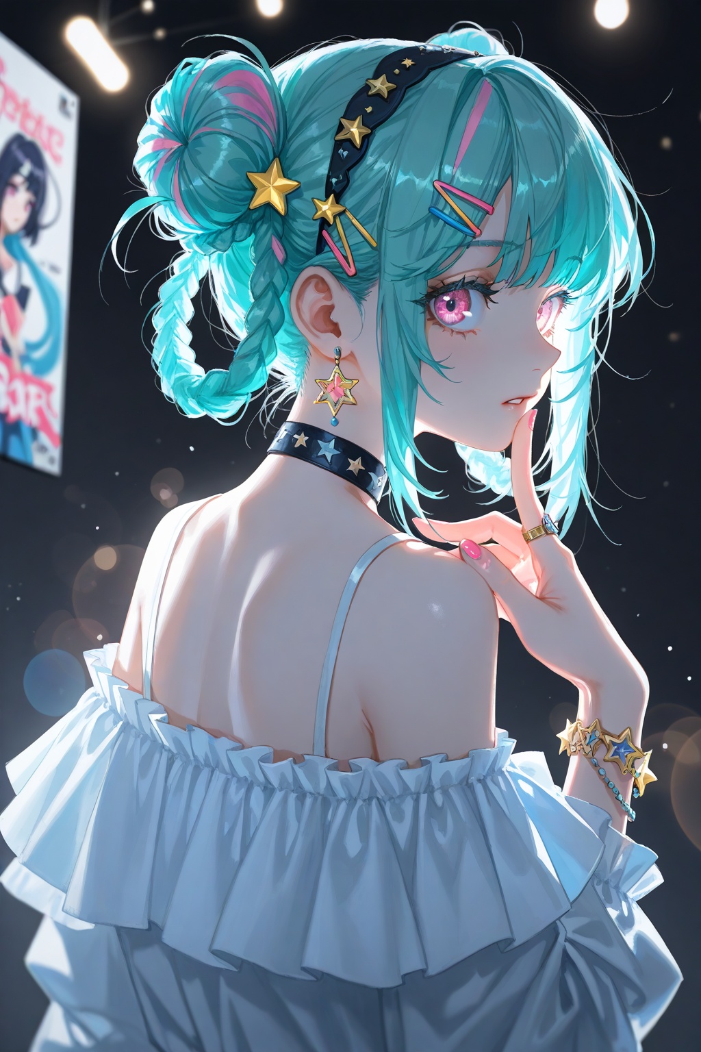 1girl,solo,long hair,looking at viewer,bangs,hair ornament,jewelry,purple eyes,braid,twintails,multicolored hair,choker,hairclip,pink eyes,off shoulder,star \(symbol\),nail polish,bracelet,aqua hair,ring,hair rings,star hair ornament,short hair,bangs,hair ornament,dress,bare shoulders,upper body,hairband,parted lips,looking back,hair bun,official alternate costume,backlighting,blue and white theme,depth of field,cinematic lighting,light particles,lens flare,(artist:quasarcake:0.8),extreme aesthetic,(wlop:0.6),masterpiece,best quality,good quality,newest,year 2024,year 2023,very aesthetic,absurdres,Visual impact,A shot with tension,ultra-high resolution,32K UHD,sharp focus,best-quality,masterpiece,Emotionalization,unconventional supreme masterpiece,masterful details,temperate atmosphere,with a high-end texture,in the style of fashion photography,(Visual impact:1.2),giving the poster a dynamic and visually striking appearance,impactful picture,offcial art,colorful,splash of color,movie perspective,masterpiece,best quality,amazing quality,very aesthetic,absurdres,best quality,newest,