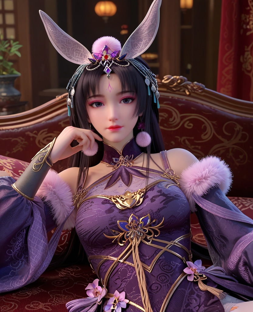 (oriental architecture, elegant decor, sophisticated style:1.1),(Lying down with one arm extended overhead:1.1),(breasts:1.2),<lora:XL暗河传慕雨墨:0.85>,miss muyumo,purple halter dress,pom pom \(ornament\),rabbit ears hair ornament,jewelry,puffy long sleeves,forehead mark,fur trim,black hair,long hair,purple eyes,parted bangs,white thighhighs,, score_9,score_8_up,score_7_up,score_6_up,score_5_up,score_4_up,3d rendering,tag1,tag2, Cinematic Lighting,backlighting,