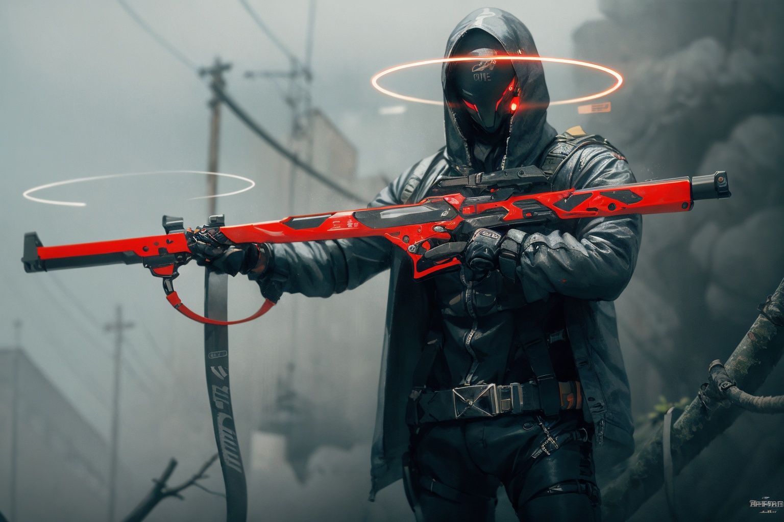 -weapon, gun, holding weapon, holding gun, holding, science fiction, solo, rifle, 1boy, gloves, coat, black gloves, male focus, cyberpunk, robot, cable,<lora:Apocalypse Aso_20240119162949:1>,Apocalypse Aso,
