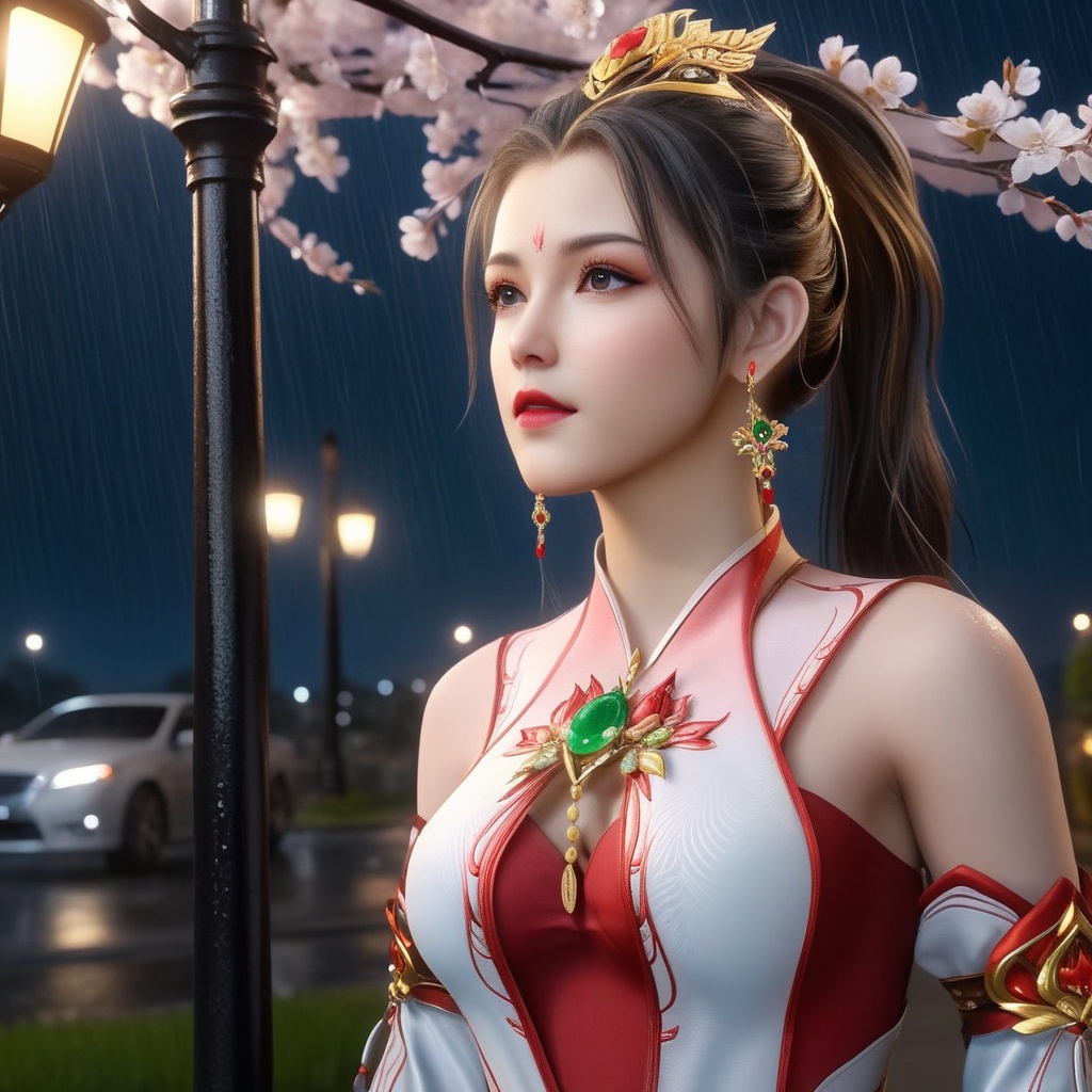 <lora:710-DA-XL-师兄啊师兄-酒玖:0.8>(,1girl, ,best quality, ),looking at viewer, ,ultra detailed 8k cg, ultra detailed background,  ultra realistic 8k cg,          cinematic lighting, cinematic bloom, (( , )),,  , unreal, science fiction,  luxury, jewelry, diamond, pearl, gem, sapphire, ruby, emerald, intricate detail, delicate pattern, charming, alluring, seductive, erotic, enchanting, hair ornament, necklace, earrings, bracelet, armlet,halo,masterpiece, (( , )),,  ,cherry blossoms,(((, night,night sky,lamppost,  ultra high res, (photorealistic:1.4), raw photo, 1girl, , rain, sweat, ,wet, )))(( , ))   (cleavage), (), 