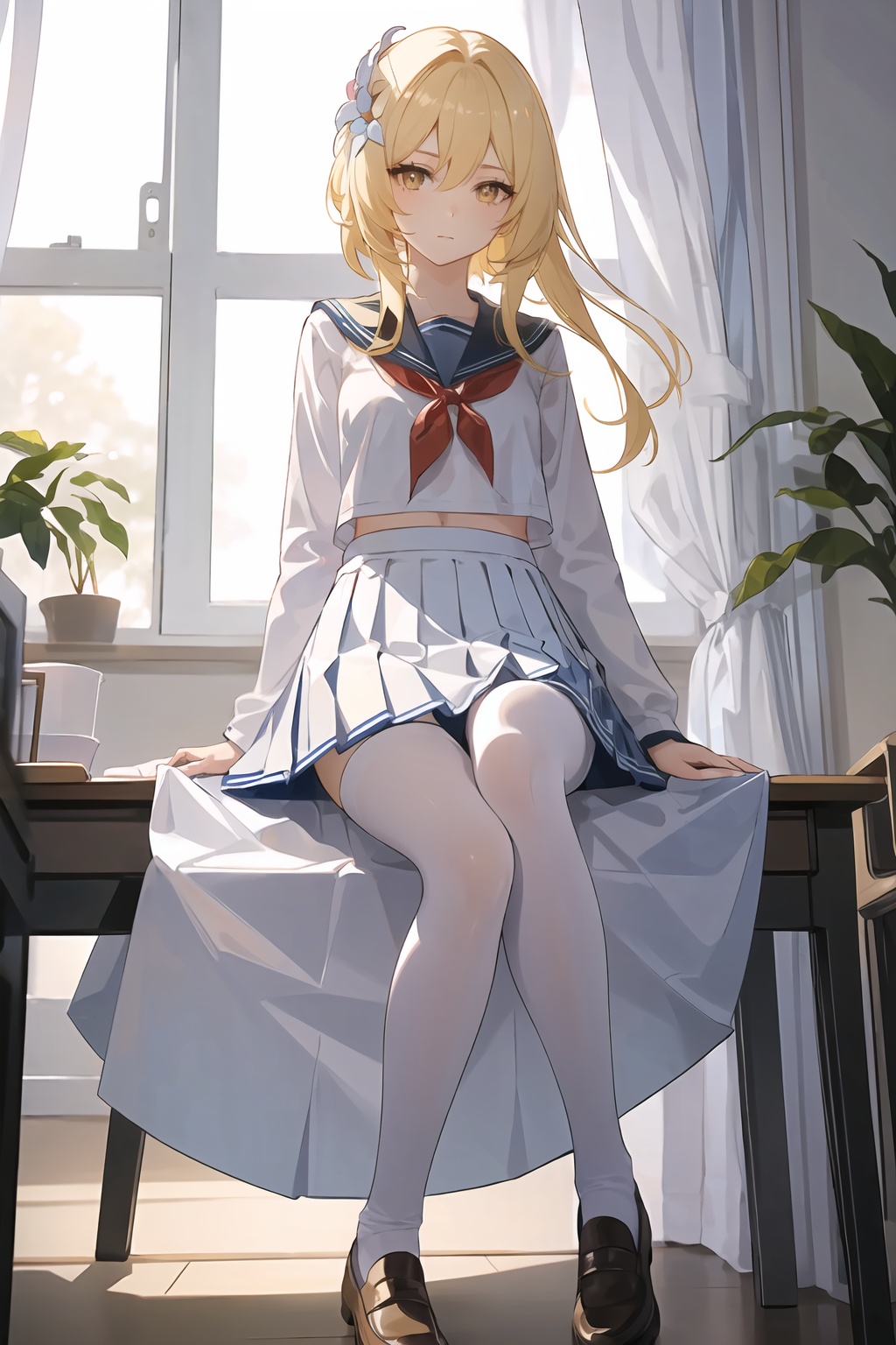 insanely detailed,absurdres,ultra-highres,ultra-detailed,best quality,slender,kawaii,perfect symmetrical face,ultra cute girl,ultra cute face,ultra detailed eyes,ultra detailed hair,ultra cute,ultra beautifu,1girl,lumine \(genshin impact\),solo,breasts,yellow eyes,sitting on object,indoors,bedroom,sitting,school uniform,<lora:wsal:0.4>,white pantyhose,serafuku,plaid_skirt,pleated skirt,<lora:lumine-000008:0.9>,