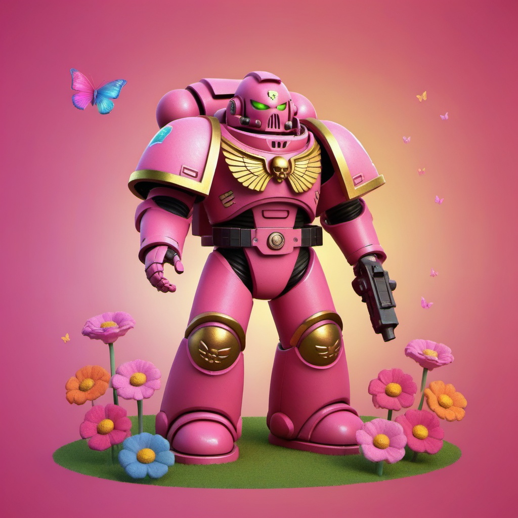 a pink spacemarine robot,  cute fantasy background,  rainbow on Tensor.Art
