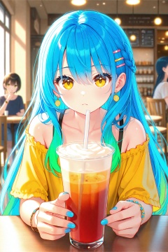 (masterpiece),(best quality),illustration,ultra detailed,hdr,Depth of field,(colorful),(chromatic aberration),hair ornament,cafe,shirt,sitting,long hair,blue nails,drinking straw,closed mouth,yellow eyes,off-shoulder shirt,solo focus,multiple girls,jewelry,holding,indoors,eyelashes,blue hair,collarbone,nail polish,cup,earrings,hairclip,casual,off shoulder,blurry,hair between eyes,straight-on,table,braid,blurry background,looking at viewer,bare shoulders,holding cup,eyes visible through hair,gradient hair,black shirt,frilled shirt,restaurant,frills,multicolored hair,3girls,yellow shirt,fingernails,bracelet,chair,very long hair,drinking glass,frown,1boy,short sleeves,drink,food,sidelocks,wavy hair,plant,
