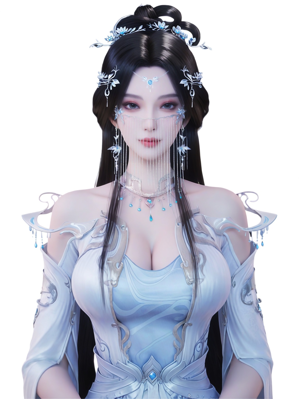 score_9,<lora:SF_AnMiaoYi2_Pony_Realism2.3-000003:0.7>,hair ornament,black hair,dress,long hair,eyeshadow,1girl,breasts,large breasts,dress,gem,necklace, forehead jewel,facial accessories,solo,looking at viewer,white background,simple background,cowboy shot,