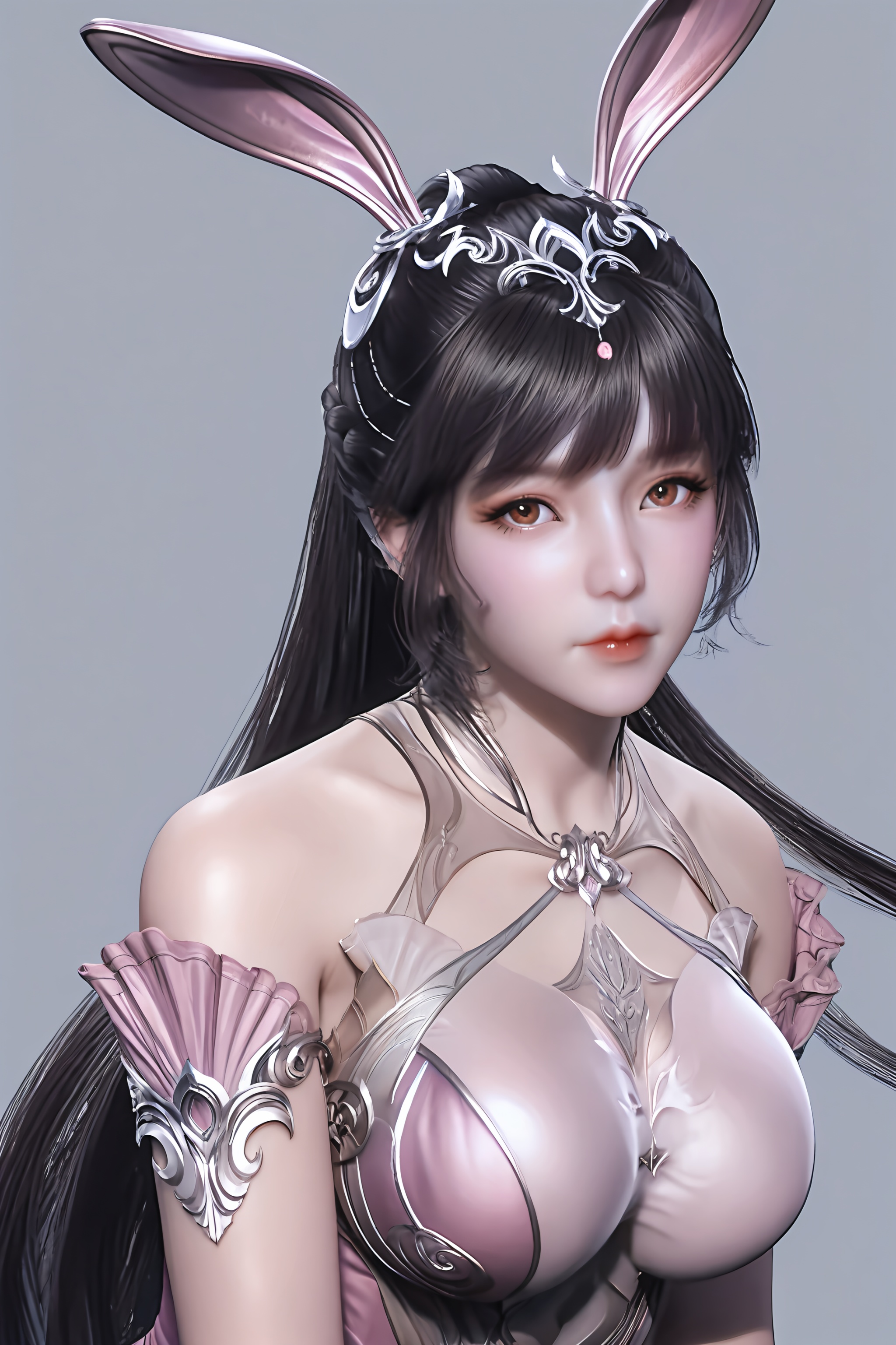 score_9,score_8_up,score_7_up,8k,hd,<lora:小舞-ppp:0.86>,xiaowu,1girl,solo,bunny ears,hair ornament,long hair,ponytail,brown eyes,black hair,dress,pink dress,looking at viewer,front view,<lora:SkinRealityOrg_ponyv6_loraplus:0.25>,real skin,<lora:皮肤凹痕:1.2>,female,(mature_female),mature,collarbone,large breasts,curvy,glamor,puffy breasts,pointy_breasts,<lora:e色温:0.5>,(fair_skin),(white_skin),<lora:e肤色滑块:0.5>,body blush,simple background,grey background,