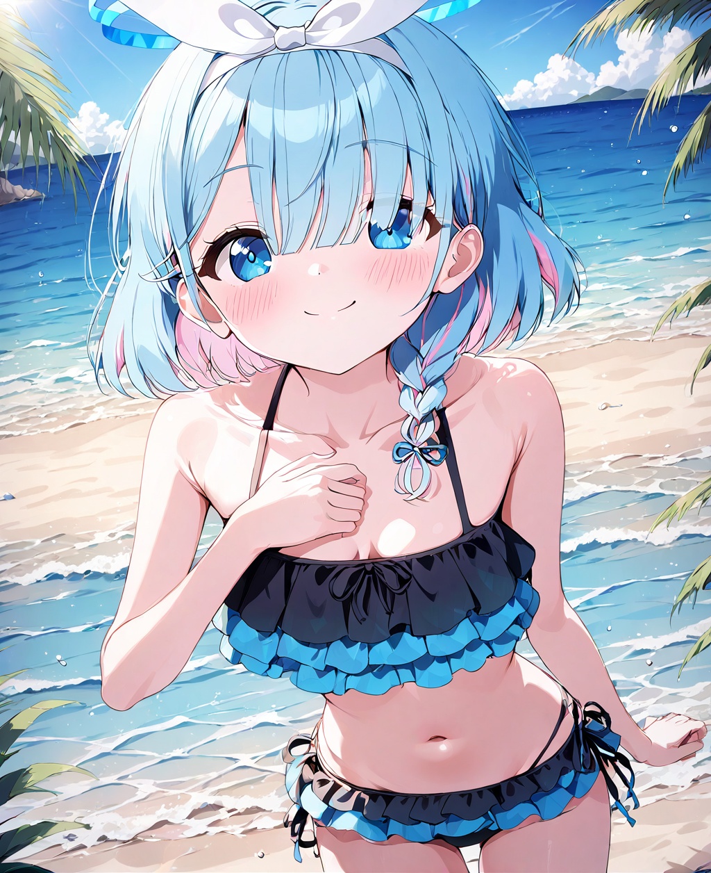 arona (blue archive),1girl,swimsuit,solo,outdoors,bikini,blue eyes,braid,blue hair,navel,beach,arona (blue archive),halo,frilled bikini,black bikini,day,frills,breasts,hairband,looking at viewer,smile,hair over one eye,cloud,tree,ocean,collarbone,sky,single braid,bare arms,bare shoulders,blush,thighs,water,stomach,short hair,hand on own chest,standing,closed mouth,hair ribbon,cleavage,blue sky,bangs,sand,ribbon,side braid,rock,sunlight,