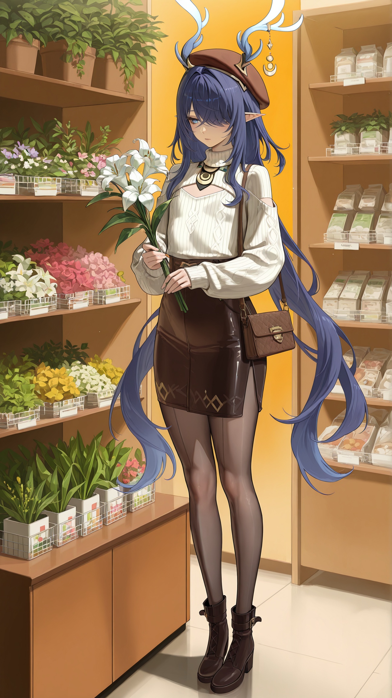 masterpiece,best quality,amazing quality,<lora:lauma_(genshin_impact)-000018:0.8>,lauma \(genshin impact\),1girl,pointy ears,hair over one eye,blue eyes,blue hair,<lora:20250808-1754650692631:0.8>,antlers,zhigan3d,flat chest,1girl,solo,warm_winter_style,cream_high_neck_sweater,ribbed_texture,brown_corduroy_midi_skirt,A-line_skirt,black_ankle_boots,thick_tights,woolen_beret,small_leather_handbag,holding_flower_bouquet,standing_at_flower_stand,flower_shop,fresh_roses,lilies (on shelf),green_leafy_plants,soft_store_light,daytime,floral_scent (implied),gentle_expression,