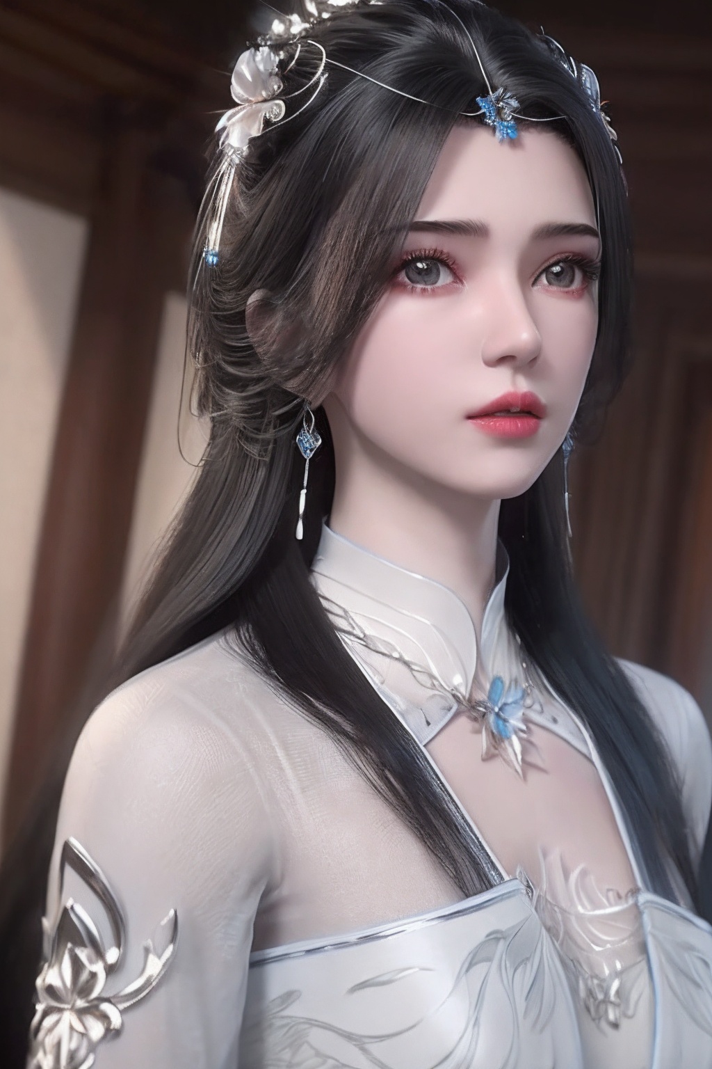 real,photo realistic,highly detailed,(masterpiece),(high quality),best quality,super detailed,full detail,4k,8k,limuwan,1girl,dress,earrings,black hair,hair ornament,solo,jewelry,white dress,long hair,flower sea,upper_body,
