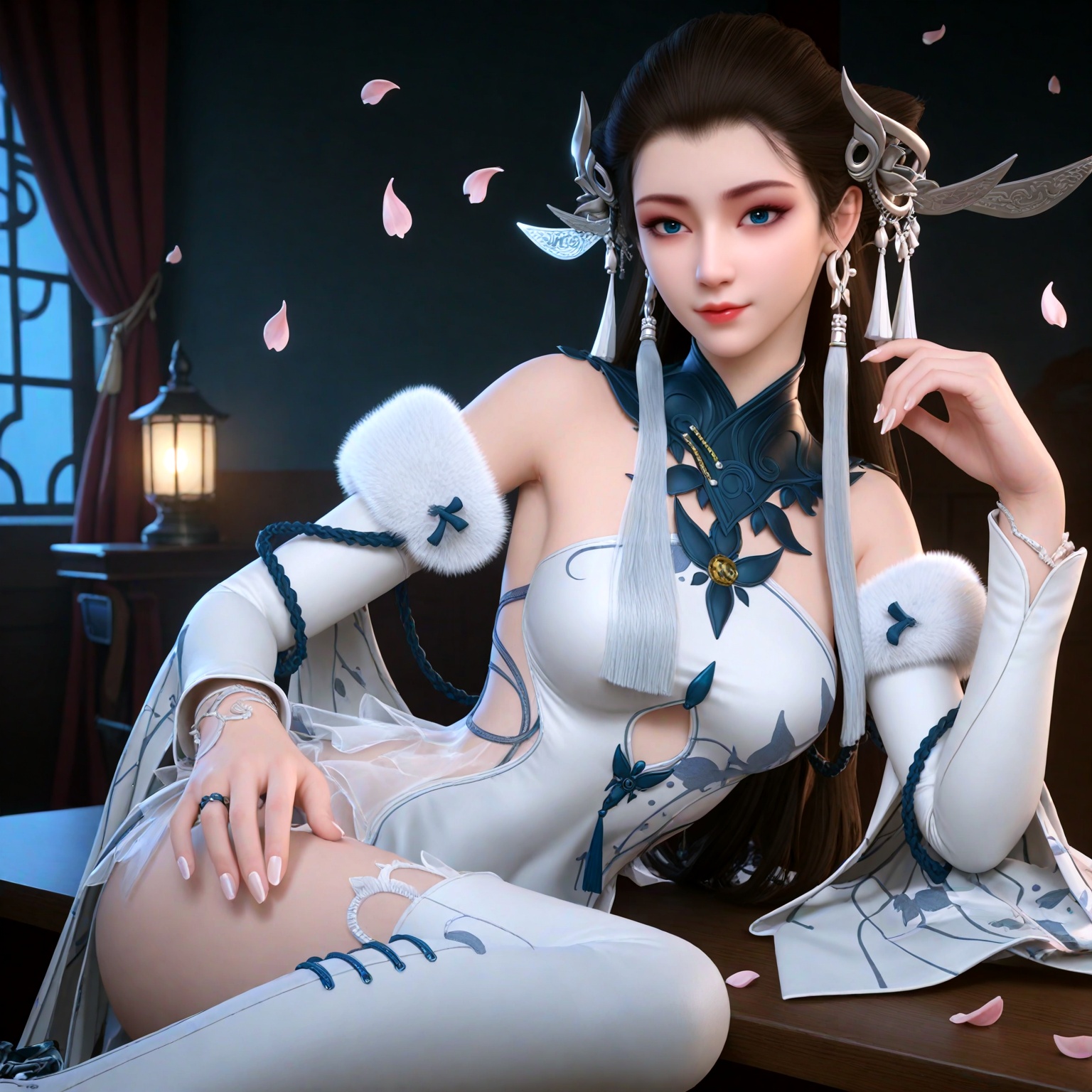 (looking_at_viewer:1.1),(masterpiece:1.1),(best quality:1.2),(intricate details),upper_body,backlighting,dim lighting,(smog:1.3),(backlighting:1.3),(Dark room:1.3),(dim lighting:1.3),peach blossom,falling petals,<lora:YQ_li光辉v5_白亦君_V1:0.8>,q1528437228,solo,1girl,long_hair,hair_ornament,dress,jewelry,bare_shoulders,brown_hair,earrings,realistic,white_dress,detached_sleeves,black_hair,blue_eyes,tassel,chinese_clothes,fur_trim,see-through,boots,high_heels,tassel_earrings,necklace,white_footwear,black_footwear,thighhighs,fingernails,fingers,masterpiece,(best quality),(intricate details:0.9) BREAK masterpiece,(best quality),(intricate details:0.9),(realistic skin:1.2),
