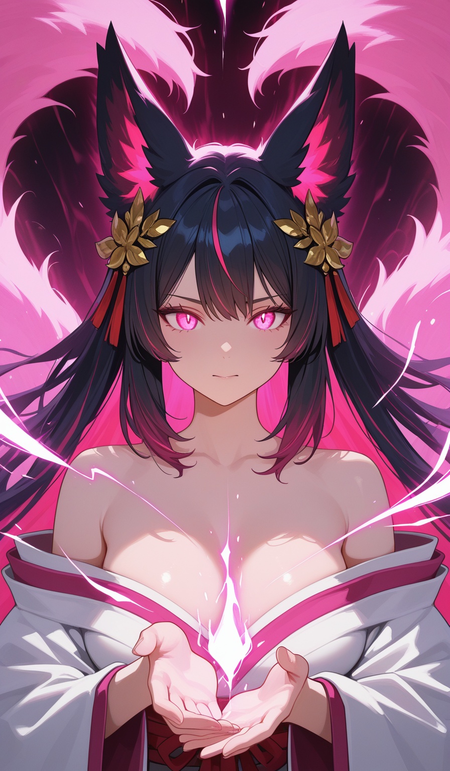 mystical kitsune sorceress,  nine fluffy flowing with ethereal energy,  fox ears adorned with ornate hair ornaments and re...
