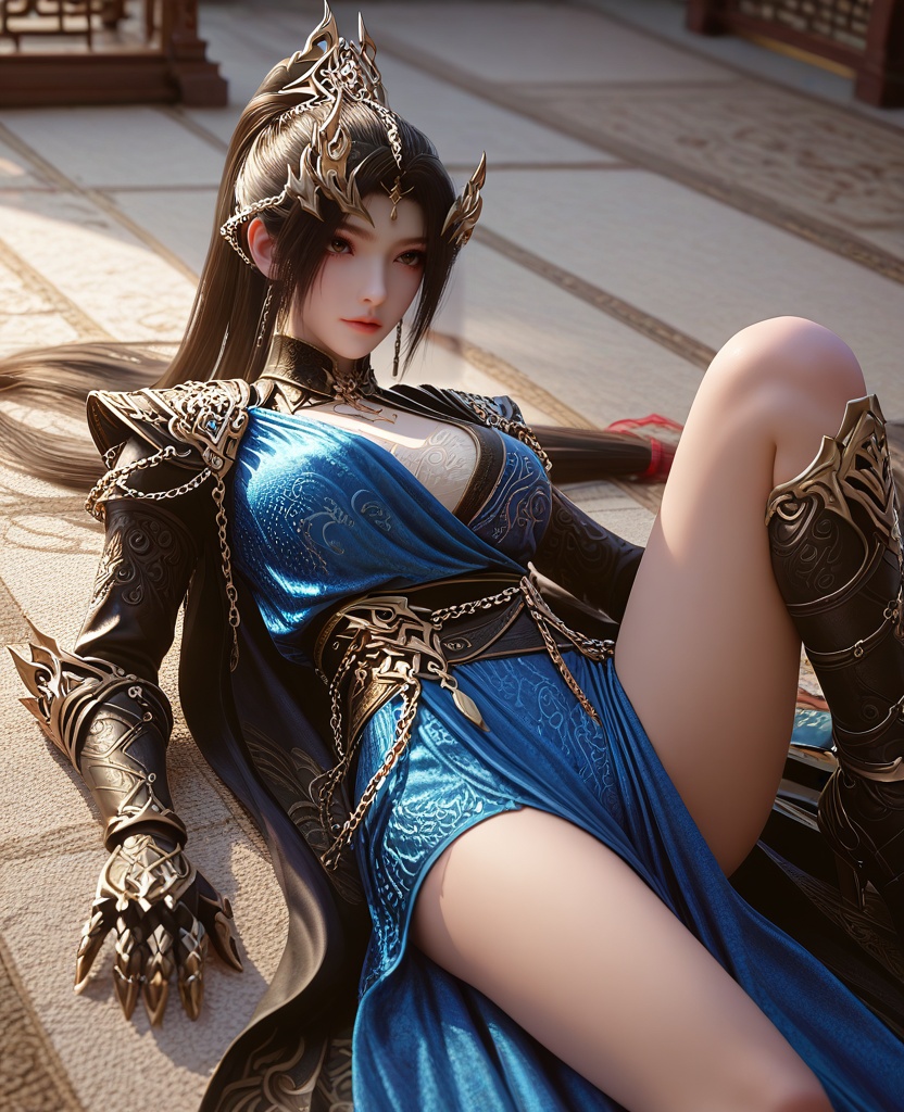 (oriental architecture, elegant decor, sophisticated style:1.1),(Lying on back with face to the side,:1.1),feet out of frame,(large breasts:1.2),<lora:XL16云深不知梦羲和融合玄凤:0.95>,miss xihe,black wrap coat with blue overdress,shoulder armor,brown eyes,black hair,very long hair,ponytail,hair ornament,jewelry,chain ornament,gauntlets,sash,blue to white ombre base skirt,cape,, score_9,score_8_up,score_7_up,score_6_up,score_5_up,score_4_up,3d rendering,tag1,tag2, Cinematic Lighting,backlighting,