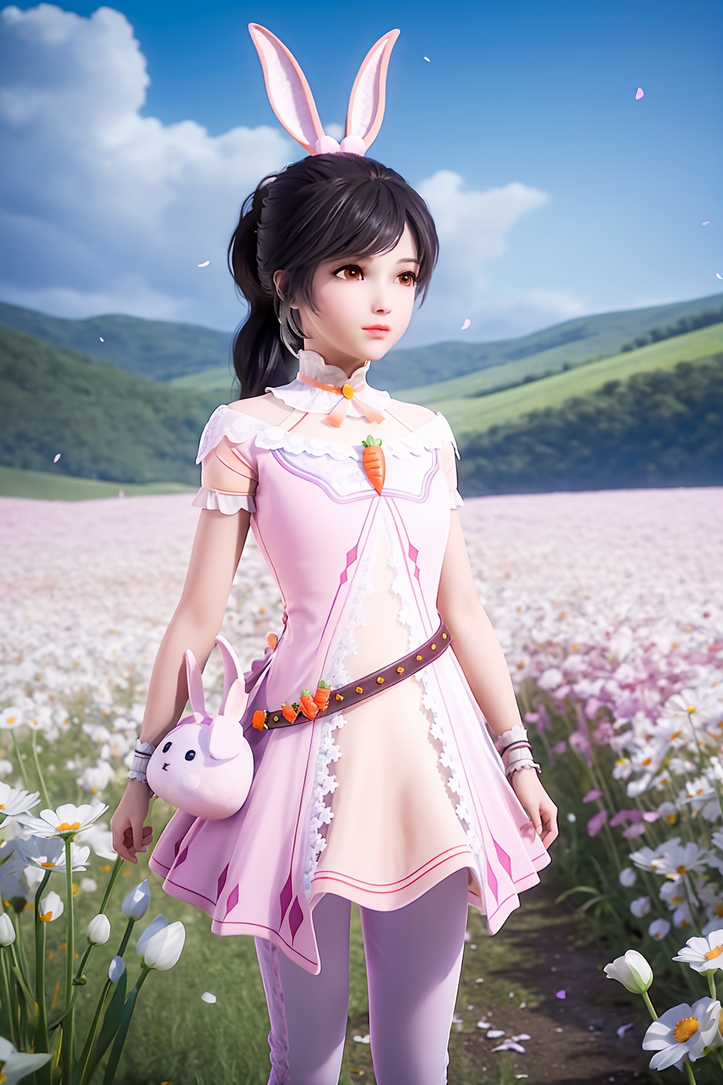 crystalstexture skin,best quality,masterpiece,ultra detailed,8k,RAW photo,realistic,photorealistic,ultra-detailed,intricate detail,extremely detailed,delicate pattern,masterpiece,looking at viewer,<lora:C_斗罗大陆_小舞_maiden_FEB:0.7>,flower,field,flower field,sky,scenery,petals,couple,day,blue sky,cloud,1girl,solo,rabbit ears,pink dress,belt,short sleeves,ponytail,carrot,bag,wrist cuffs,pants,necklace,standing,