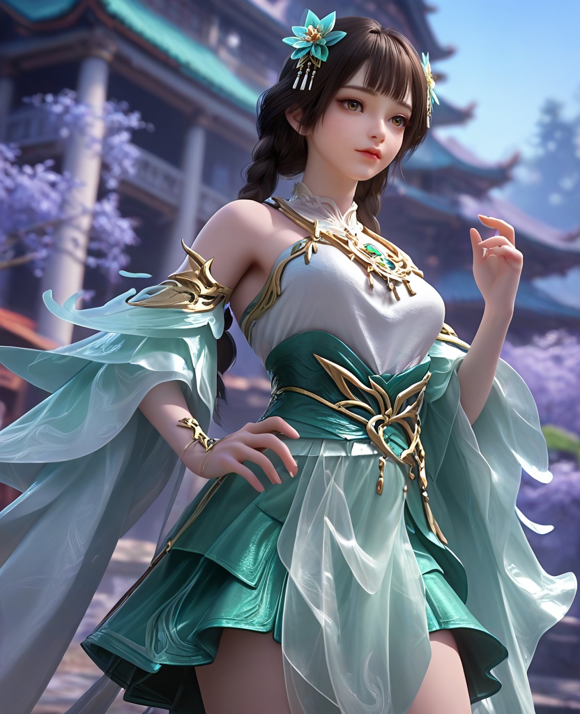 (oriental architecture, elegant decor, sophisticated style:1.1),Legs apart, one hand on her hip and the other raised as if holding a bow, she channels the spirit of a legendary warrior,(breasts:1.2),<lora:XL16完美世界梦回仙古麒麟少女:0.95>,miss qilin,solo,white bodice,green skirt,brown eyes,black hair,twin braids,hair ornament,choker,green sash,sheer fabric overskirt,detached sleeves,white socks,, zPDXL2, score_9, score_8_up, score_7_up BREAK realistic, masterpiece,best quality, highly detailed,, zPDXL3, zPDXL2,zPDXL, zPDXLxxx, zPDXLrl,