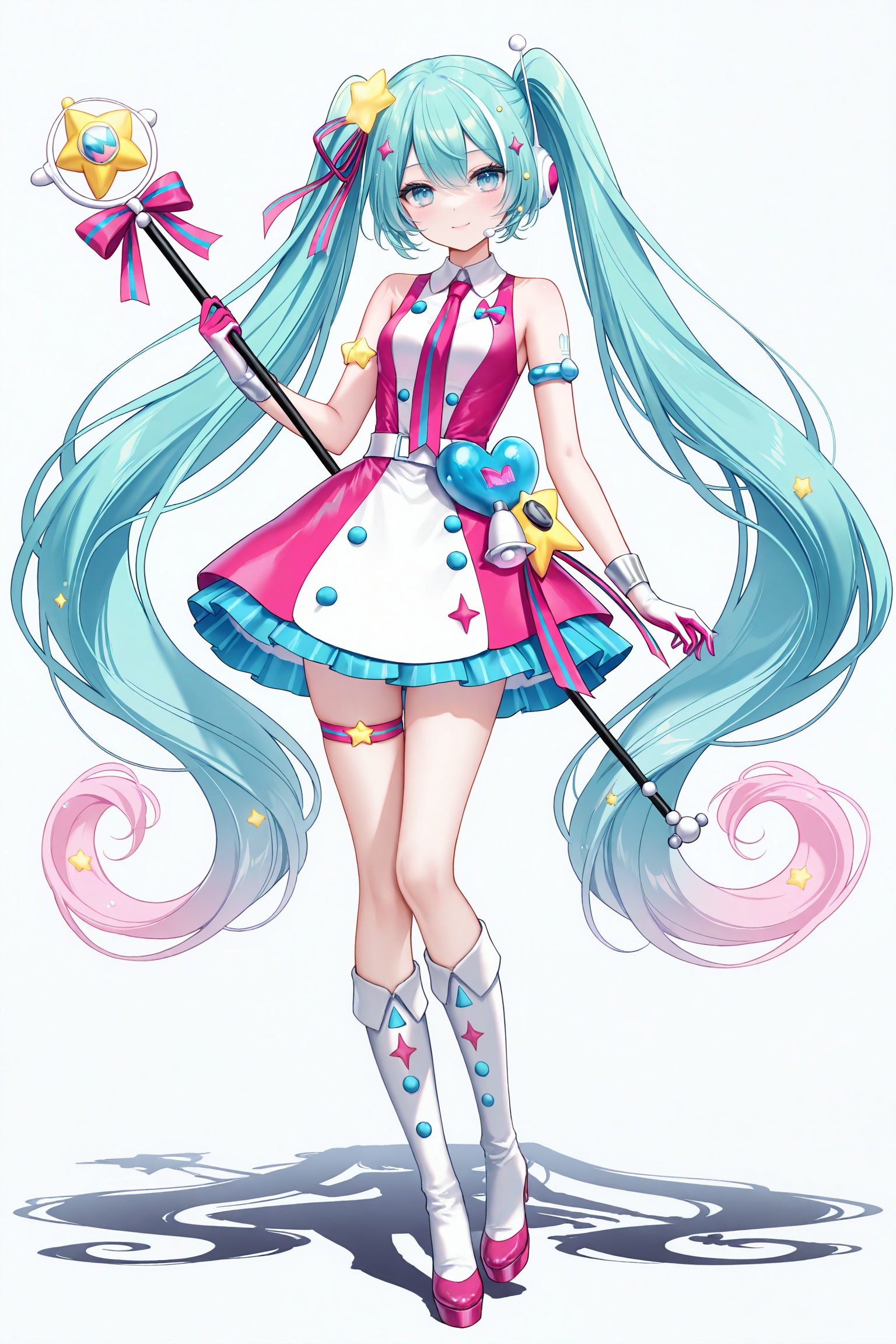masterpiece,best quality,newest,absurdres,highres,soft shadows,photorealistic,(chen bin:0.5),(hiten \(hitenkei\):0.4),(rimuu:0.5),(mignon:0.5),(sheya:0.6),<lora:MMM2022XLNAI:1>,magical mirai miku \(2022\),necktie,multicolored hair,hair ornaments,multicolored dress,white dress,pink dress,knee boots,thigh strap,multicolored gloves,ribbon,full body,holding,