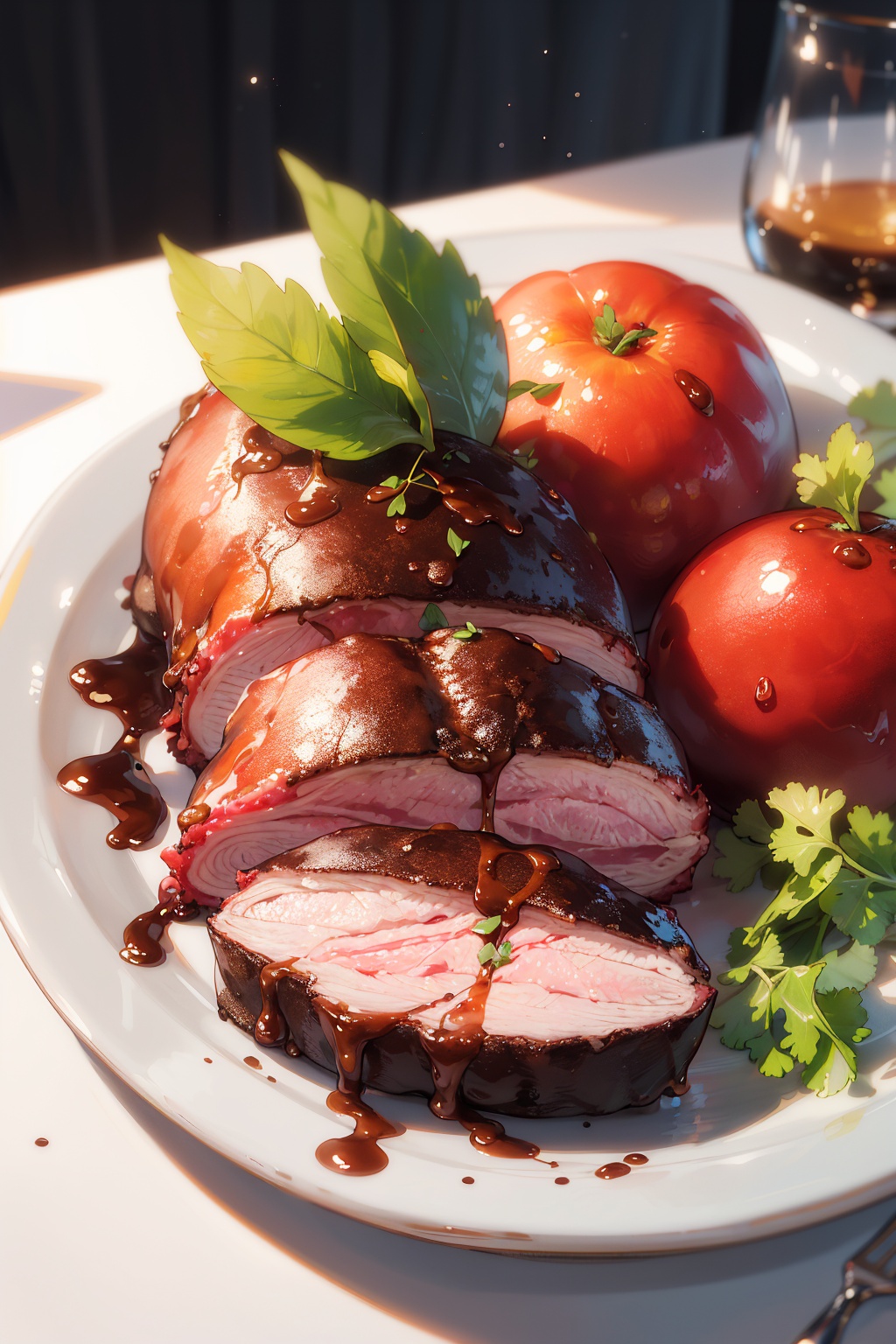 masterpiece,best quality,(ray tracing,cinematic lighting),realistic,close-up,still life,no humans,food,meat,leaf,vegetable,plate
