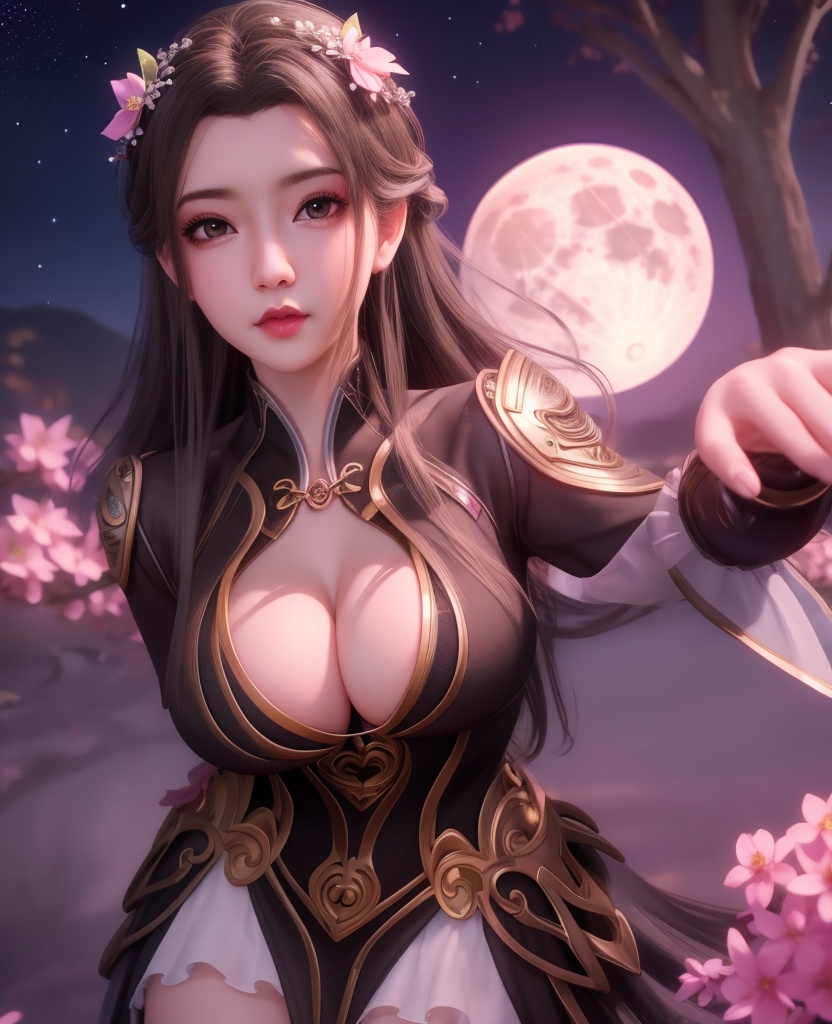 <lora:548-DA-师兄啊师克-碧霄:0.8>(,1girl, ,best quality, ),looking at viewer,  ,ultra detailed background,ultra detailed background,ultra realistic 8k cg,, ,masterpiece, (( , )),, ,   ,   cure blossom, full moon,night,night sky,  (cleavage), (), ,,