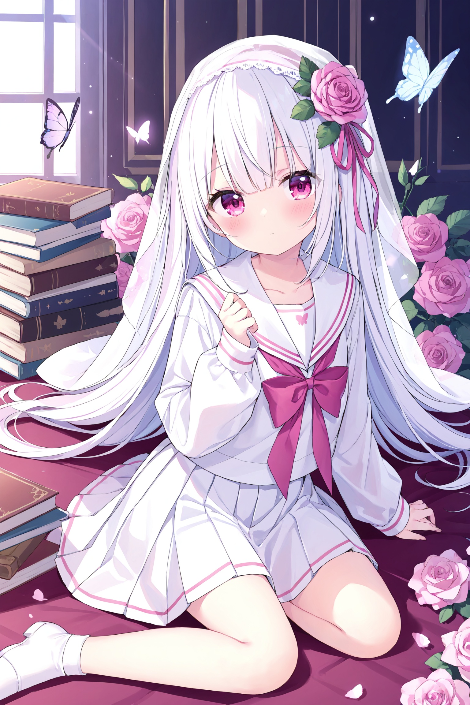 (masterpiece),(best quality),1girl,loli,solo,long_hair,looking_at_viewer,bangs,skirt,shirt,hair_ornament,red_eyes,long_sleeves,ribbon,sitting,very_long_hair,closed_mouth,school_uniform,white_shirt,flower,white_hair,pleated_skirt,serafuku,hair_flower,pink_eyes,sailor_collar,book,rose,white_skirt,bug,butterfly,veil,pink_flower,pink_ribbon,white_sailor_collar,crystal,yokozuwari,pink_rose,book_stack<lora:emyakora 1.0:0.5>,