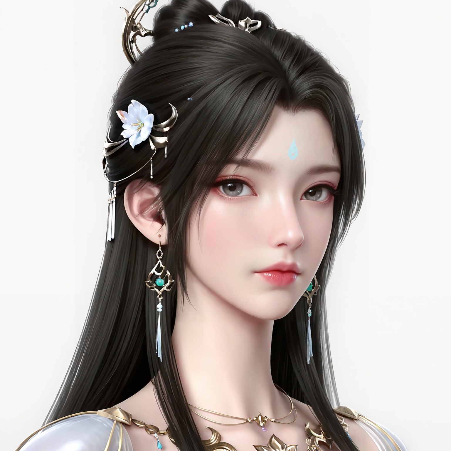 masterpiece,high quality,tall,game cg,highres,(soft light:1.2),white_skin,(shiny_skin:0.6),(realistic:1.1),lvjing,<lora:清漪:0.6>,qingyi,1girl,solo,earrings,jewelry,hair ornament,hair_bun,long hair,closed mouth,portrait,forehead mark,facial mark,black hair,looking_at_viewer,white_background,upper_body,simple background,
