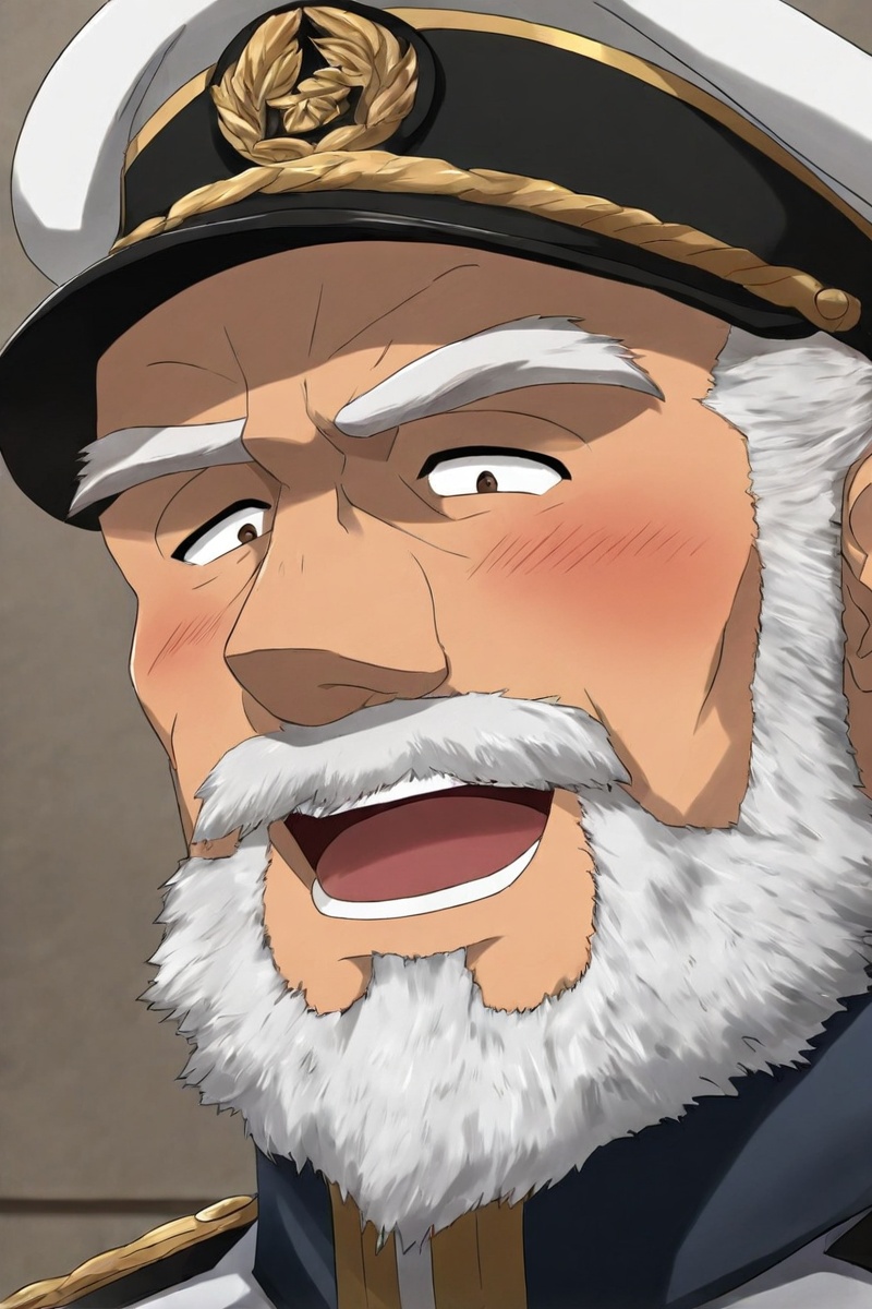 1boy,male focus,beard,blush,facial hair,hairy,hat,head portrait,male focus,,military,muscular,muscular male,mustache,old man,open mouth,peaked cap,portrait,solo,uniform,white hair,