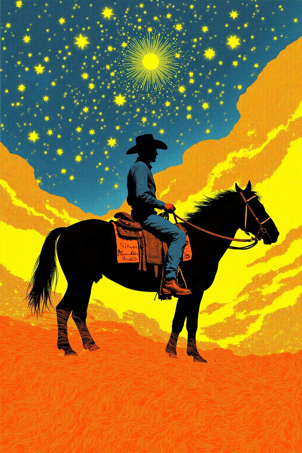 beijihui,Captured at eye-level,a silhouette of a cowboy riding a black horse is seen in a vibrant orange and yellow landscape. The cowboy is wearing a black cowboy hat,a long sleeve shirt,and shorts. The horse's mane is adorned with a saddle,and he is facing towards the right side of the image. To the left of the horse's head,a large rock formation is visible. The background is a deep blue,with yellow stars dotting the sky.,