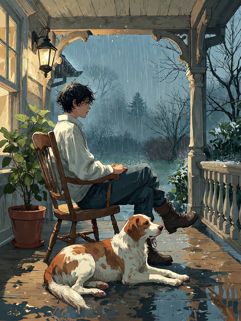 Bradhamel art style. A solitary figure with dark,  tousled hair sits in a wooden chair on a rain-slicked porch at twilight...