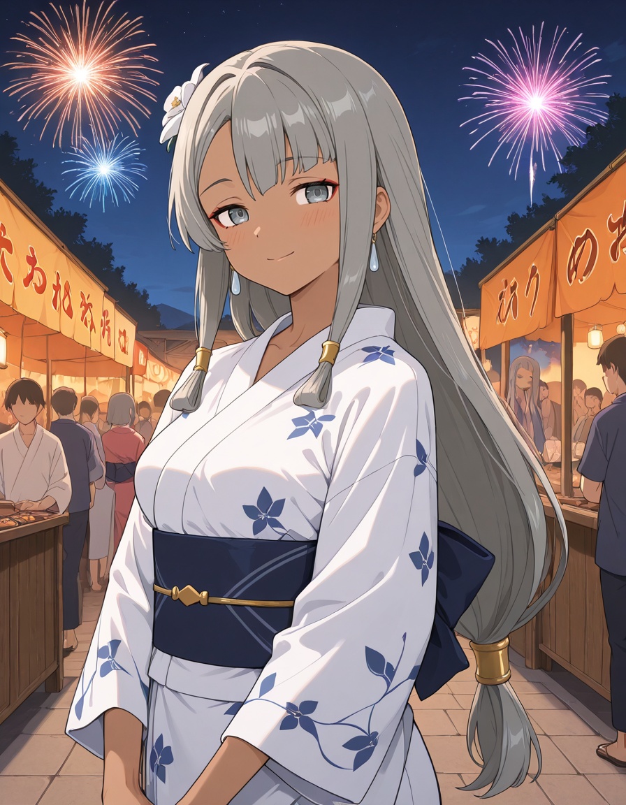 masterpiece, best quality, amazing quality, night,1girl, standing, crowd, hair ornament, smile, looking at viewer,frenci mastibolt (yuusha-kei ni shosu), low-tied long hair, asymmetrical bangs, grey hair, sidelocks, hair tubes, (blue eyes:0.7), grey eyes, red eyeliner, dark-skinned female, teardrop earrings, hair flower,yukata, obi, kinchaku, fox maslk, hair ornament, smiling, blush, festival, summer festival, matsuri, night, lantern, fireworks, food stand, traditional clothes, japanese clothes, print yukata, closed mouth,BREAKfaceless male, faceless female, <lora:StS-Illustrious-Detail-Slider-v1.0:3> <lora:frenci_mastibolt-yuusha_kei_ni_shosu_s1-v2-ixl-anime-soralz:1>, <lora:StS-Illustrious-Detail-Slider-v1.0:3>
