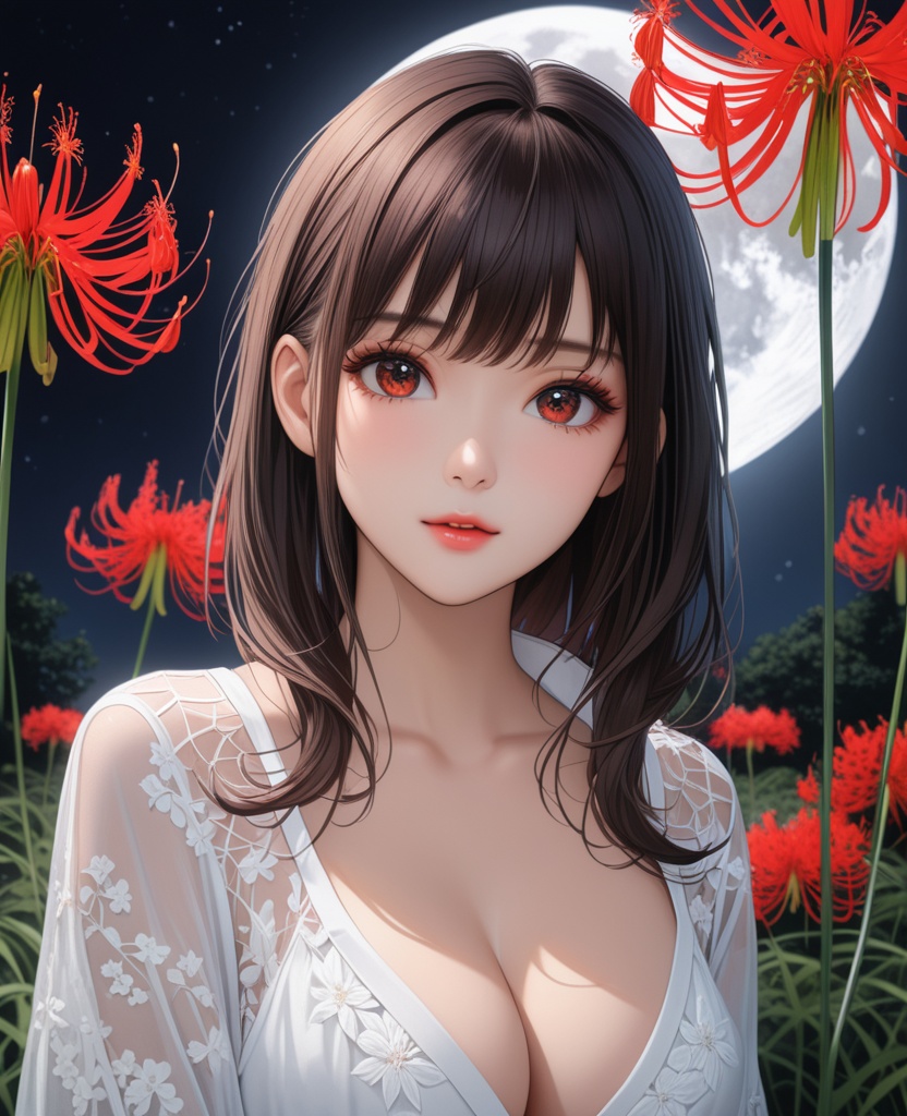 (,1girl, ,best quality, ),looking at viewer,  ,,ultra detailed background,ultra detailed background,ultra realistic 8k cg, ,masterpiece, spider lily,full moon, (cleavage), (),