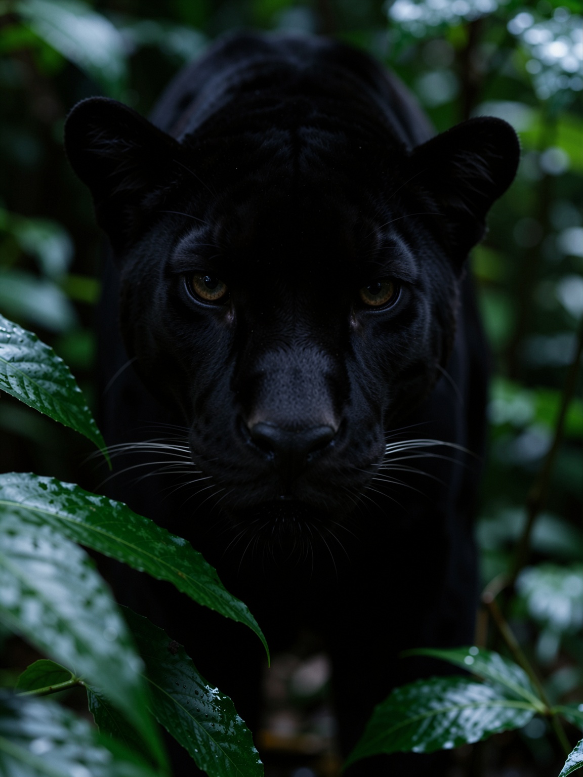 A close-up shot of a black panther s face emerging through the dense foliage of a lush forest,  its gaze calm yet powerfu...