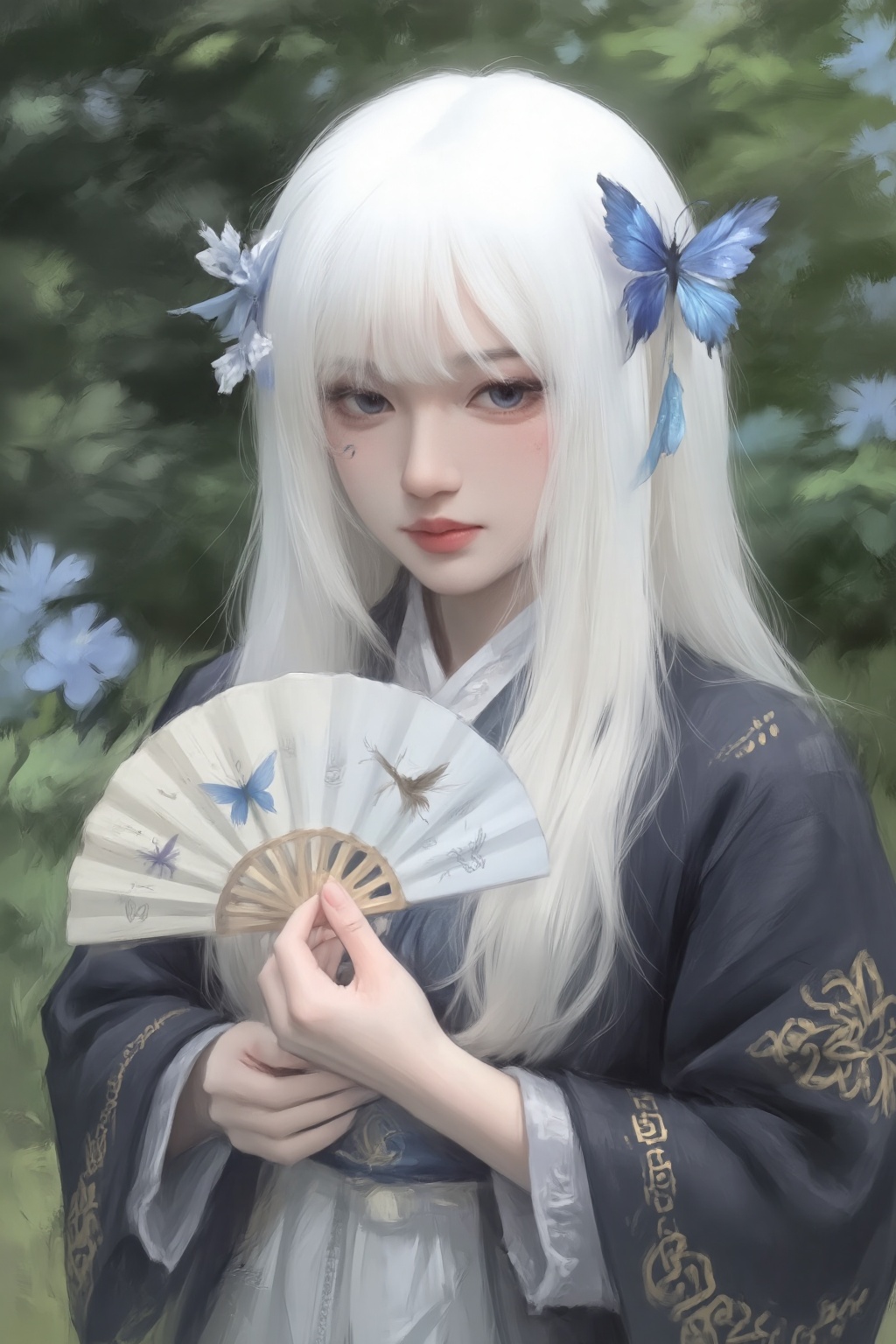 ZOZ_HEHUHU,ZOZ_HTXS,The image depicts a serene and ethereal scene with a character holding a fan. The character has long,flowing white hair adorned with a blue butterfly and a small bird. They are dressed in traditional attire with intricate patterns and a dark robe over a white garment. The background is a lush,green,and softly blurred natural setting,possibly a garden or forest,with delicate blue flowers and butterflies adding to the tranquil atmosphere. The characters face is marked with subtle,traditional-style tattoos,and they have striking blue eyes. The overall aesthetic is calm and harmonious,blending natural beauty with traditional elements.,