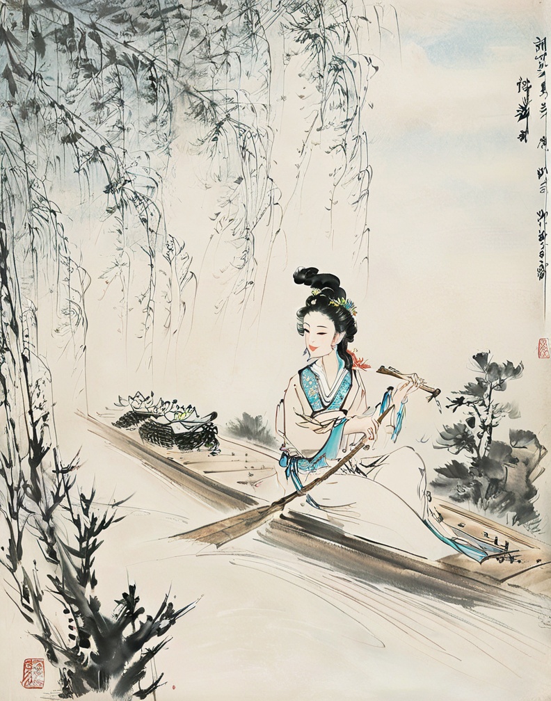 1girl, Baibohua, solo, black hair, chinese clothes, hanfu, sitting, holding, dress, tree, instrument, long sleeves, hair ornament, long hair, jewelry, sash, branch, playing instrument, music a painting of a woman rowing a boat in a river with trees and branches around her, with a sky background <lora:XL_Baibo:0.8>