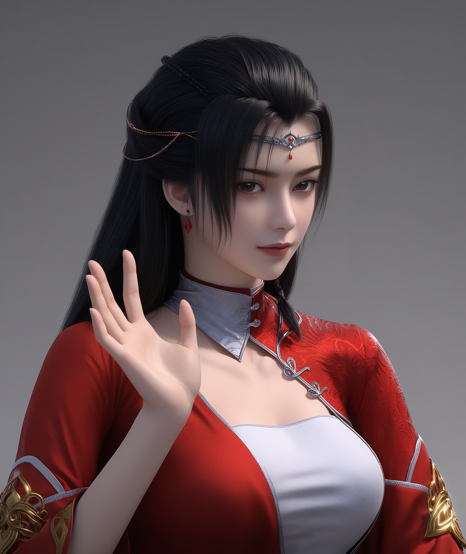 masterpiece,best quality,absurdres,highres,BREAK(glamor:1.1),slender,1girl,solo,<lora:流风霜ill:0.83>,long hair,black hair,hair ornament,jewelry,forehead ornament,earrings,white inner top,high collar,red silk robe,diagonal closure,sleeves with gold trim,golden chains at waist,collarbone,(large breasts),looking at viewer,upper body,ok sign, BREAKsimple background,white background,